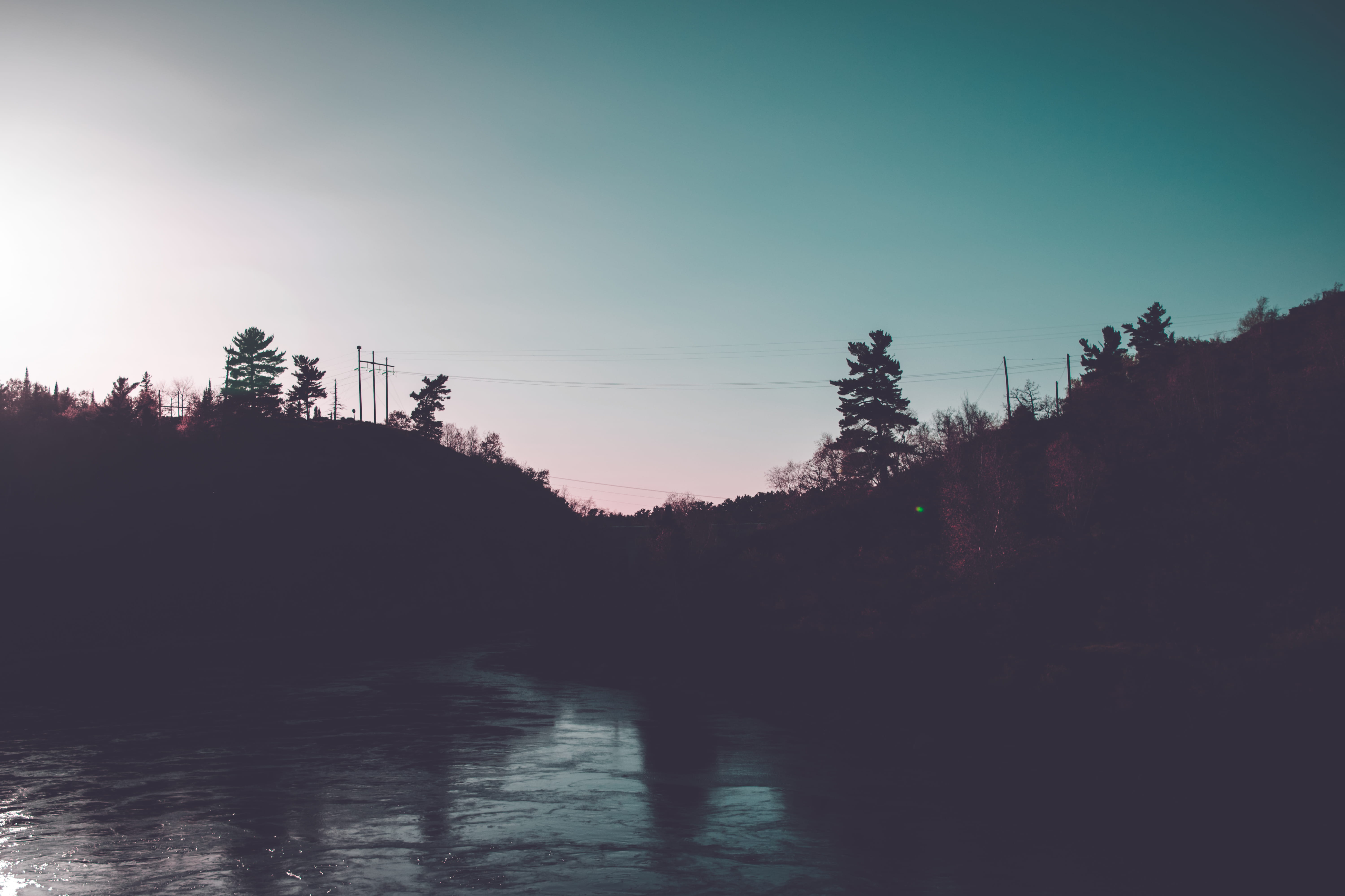 sky, river, outdoors, sunset, copy space, clear sky, nature, water, vibe, no people, forest, vision, growth, silhouette, 5K, beauty in nature, view, plant, HD Wallpaper