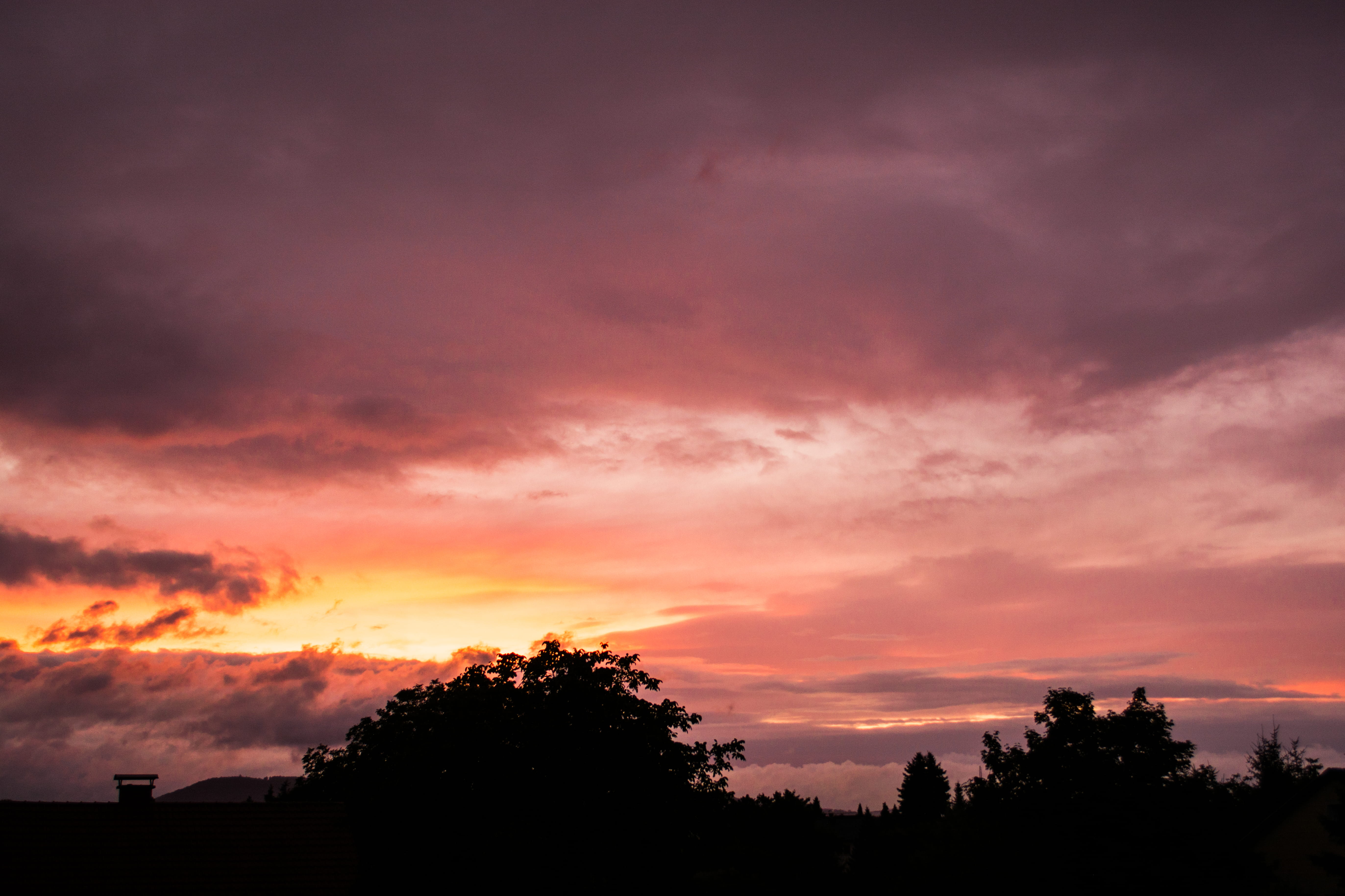 cloud - sky, tranquility, nature, tree, orange color, sunrise, sun, summer, travel, purple, no people, vibe, sunset, dramatic sky, plant, low angle view, HD Wallpaper