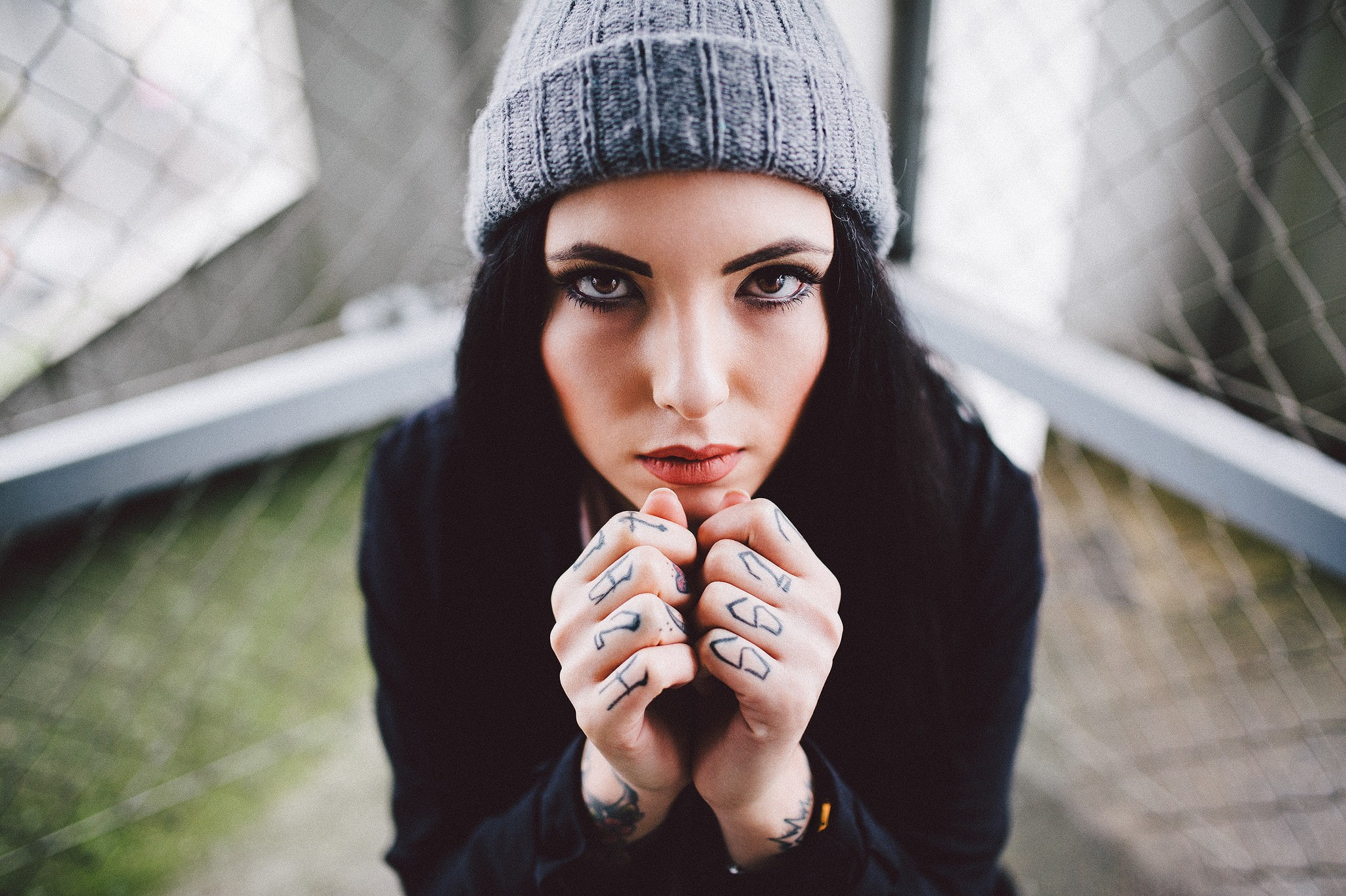 black color, real people, black hair, looking at camera, looking at viewer, hat, beanie, hand, young adult, one person, 1080P, face, women, close-up, clothing, HD Wallpaper