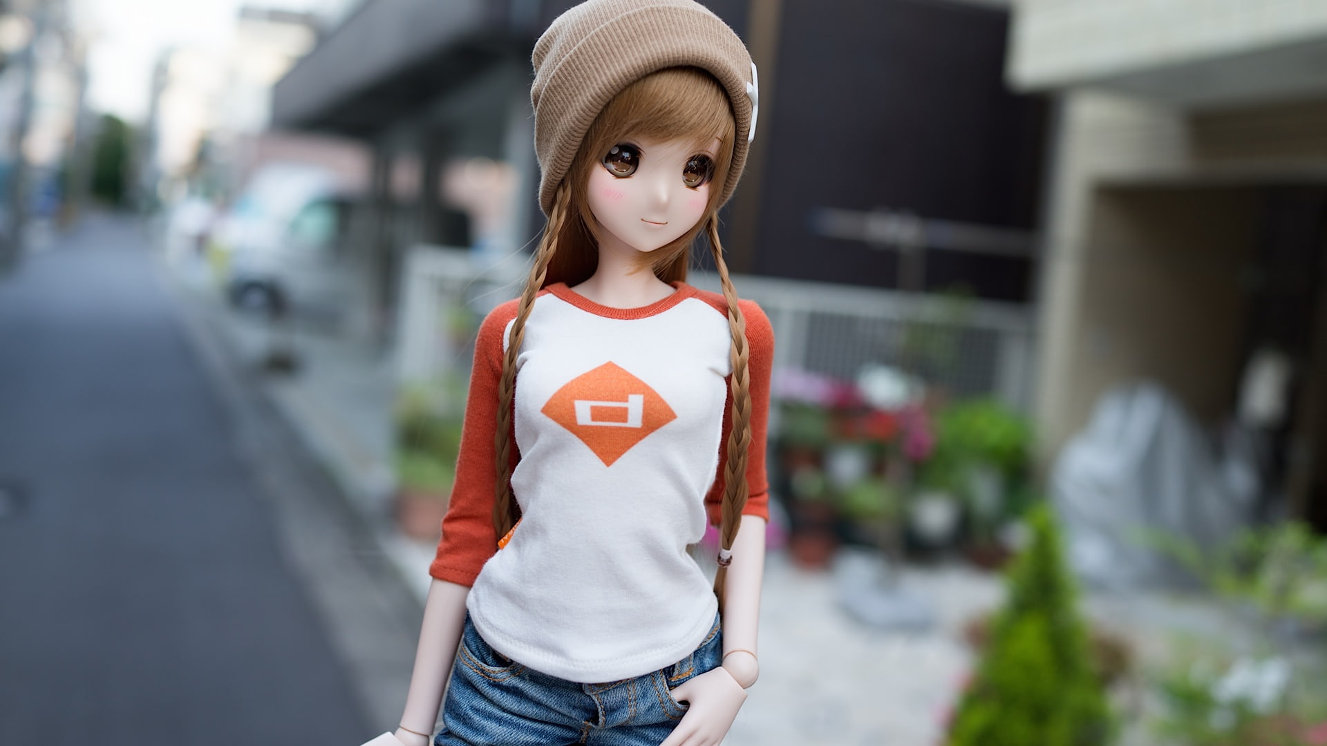 innocence, 1080P, real people, three quarter length, focus on foreground, long hair, standing, lifestyles, clothing, braids, Smart Doll, front view, city, HD Wallpaper