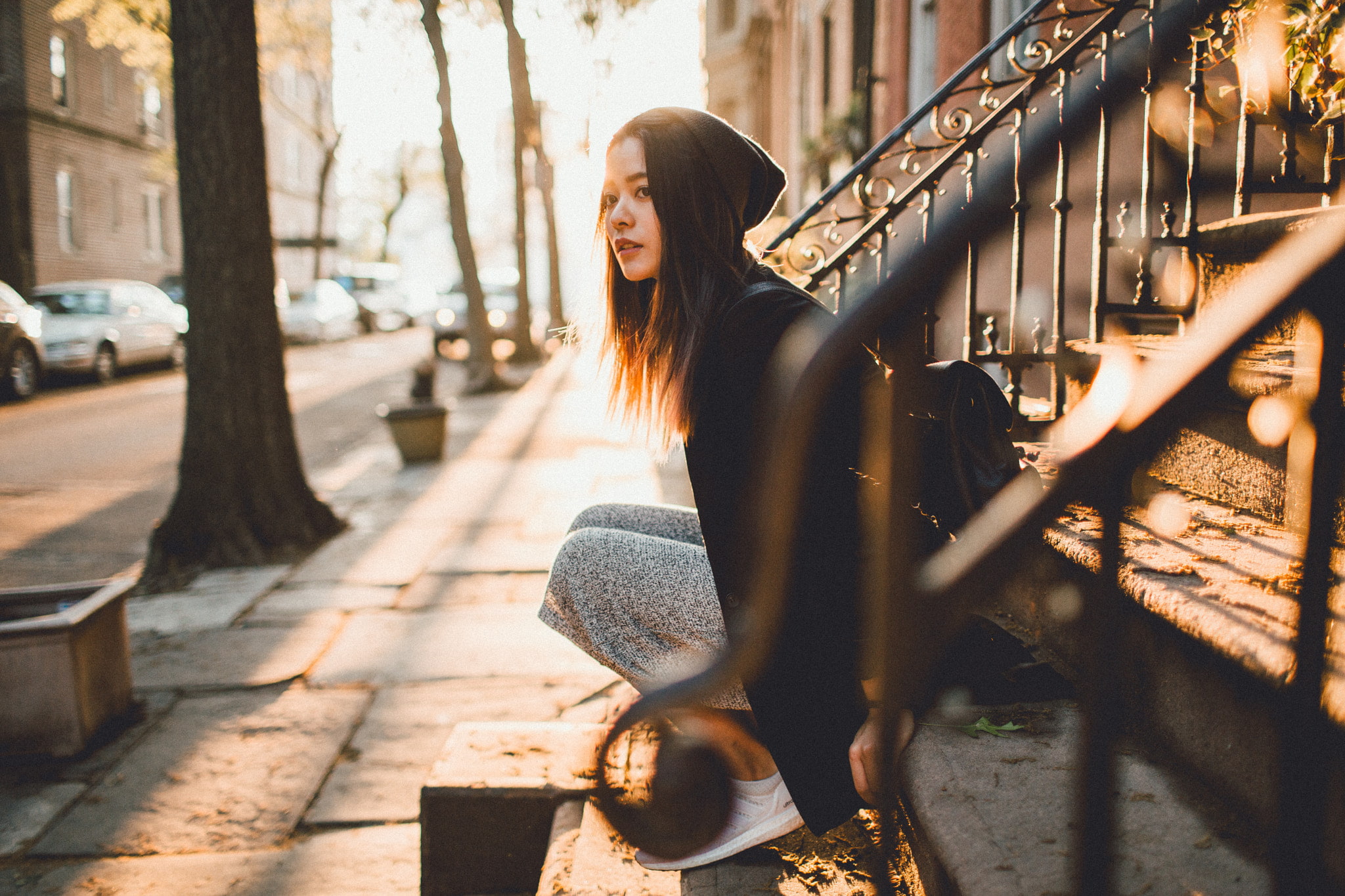 brown eyes, sitting, Asian, woolen, sneakers, brunette, stairs, beanie, women, Adidas, 1080P, HD Wallpaper