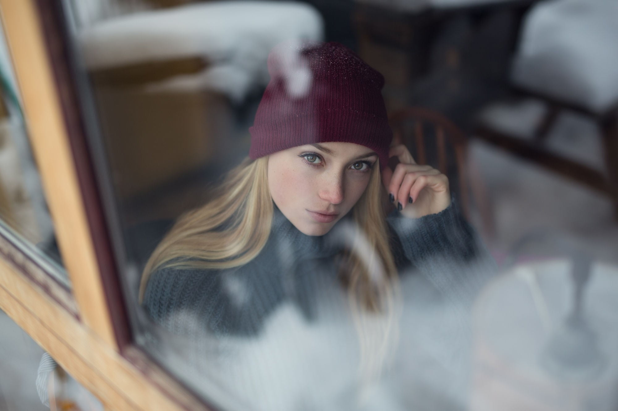 transportation, vehicle interior, blonde, beanie, Jesse Herzog, young adult, young women, land vehicle, black nails, front view, beauty, women, beautiful woman, HD Wallpaper