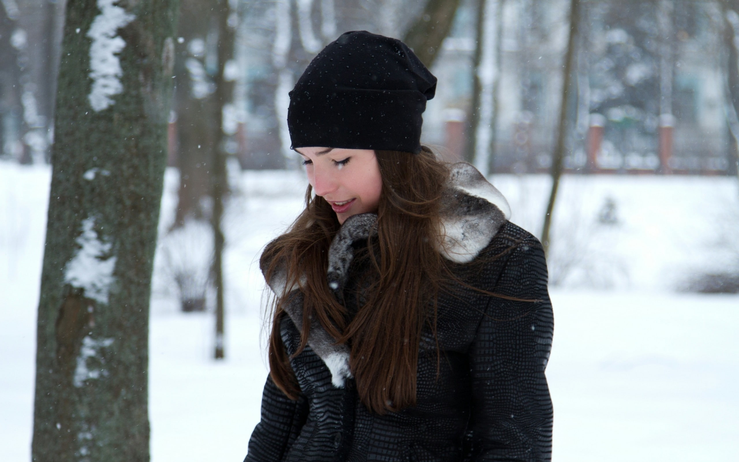 2K, black jackets, Semmi A, closed eyes, brunette, women, beanie, red lipstick, women outdoors, winter, hat, HD Wallpaper