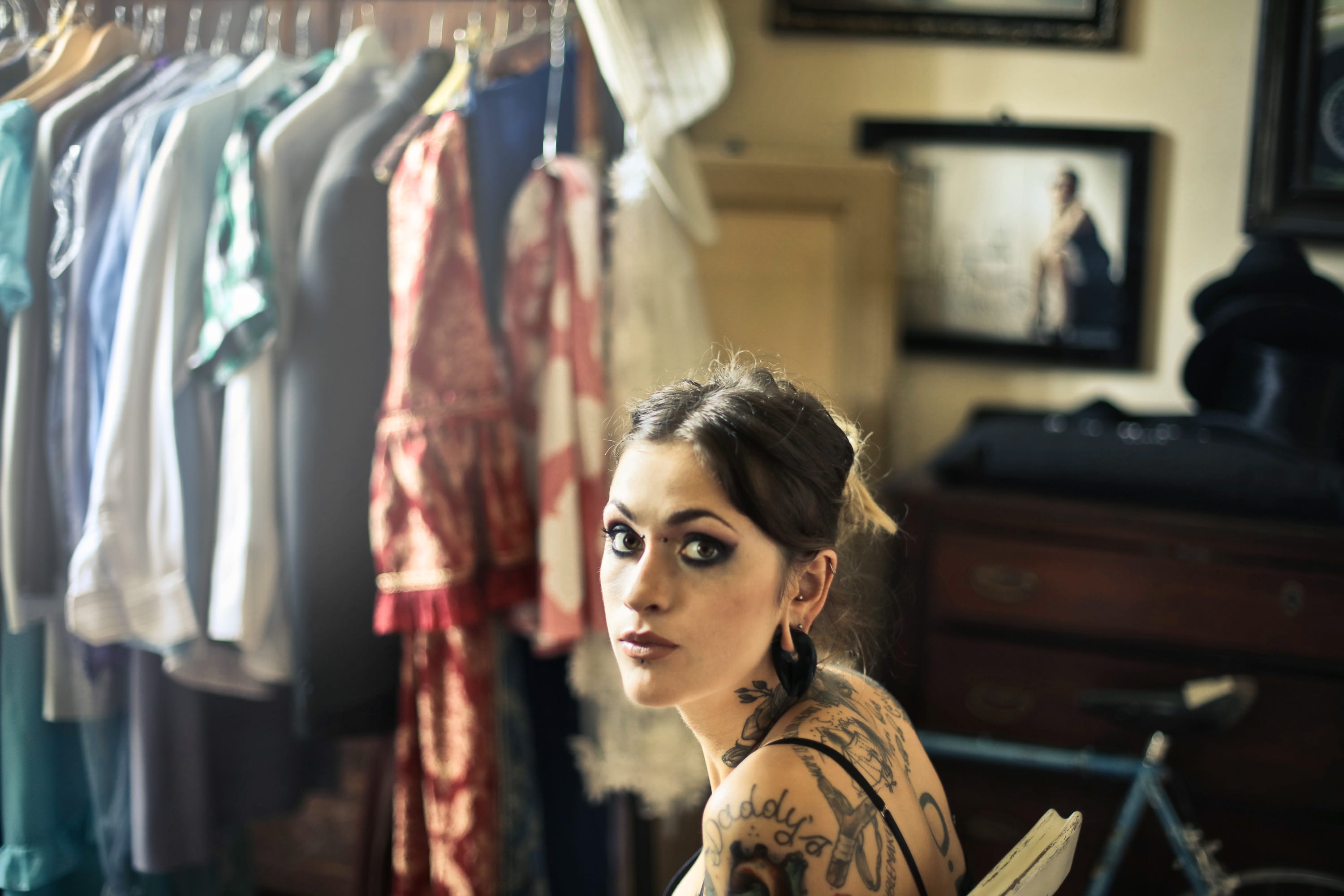 fashion, young, beauty, young adult, chair, tattoo, adult, face, looking, many, 25-30 years, paint, wardrobe, clothes, sitting, room, skin, headshot, hairstyle, HD Wallpaper