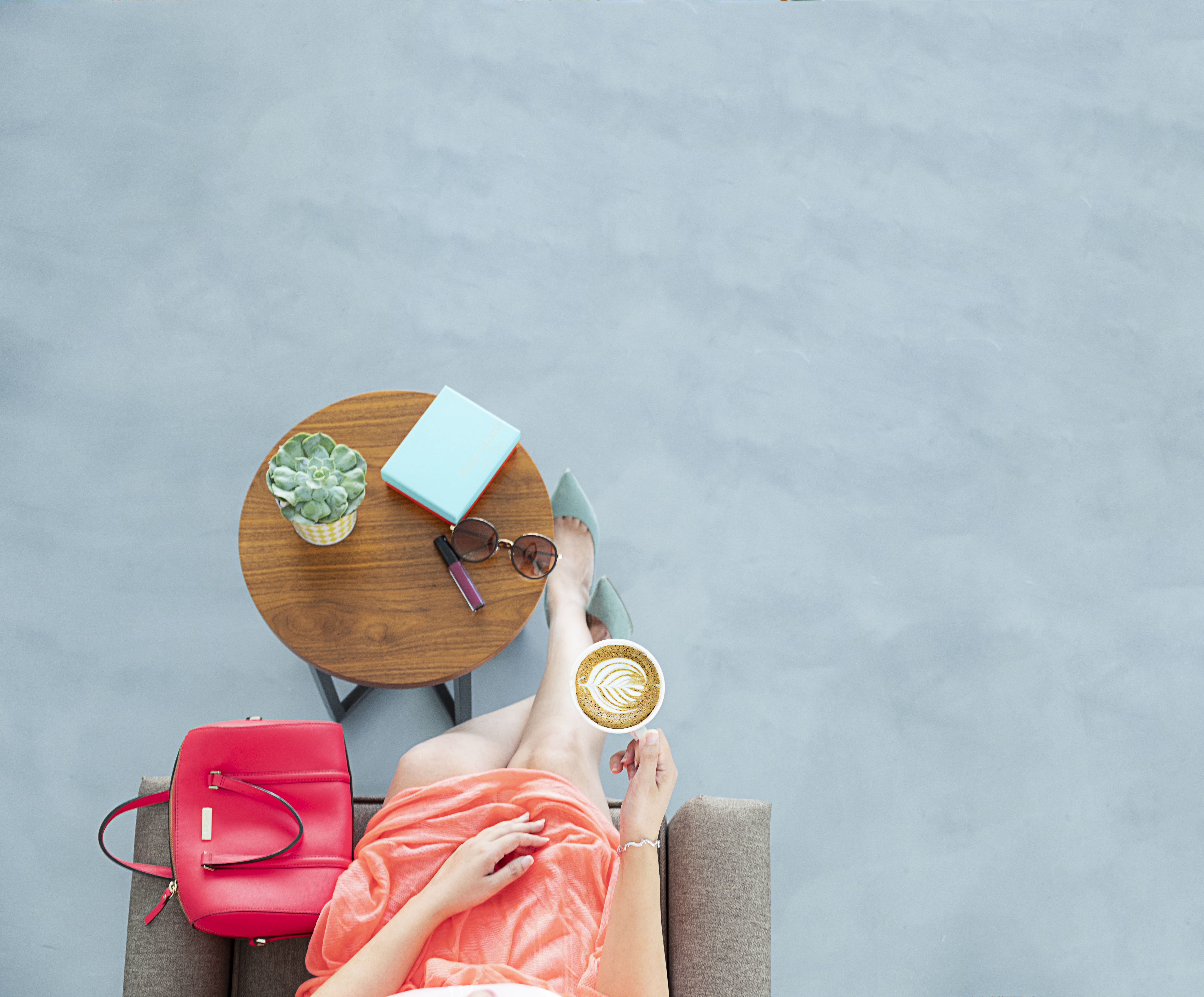 wearing, girl, sitting, purse, holding, peach, day, woman, skirt, cup, high angle view, wear, no people, sofa, ribbon, shoe, copy space, coffee, fashion, HD Wallpaper