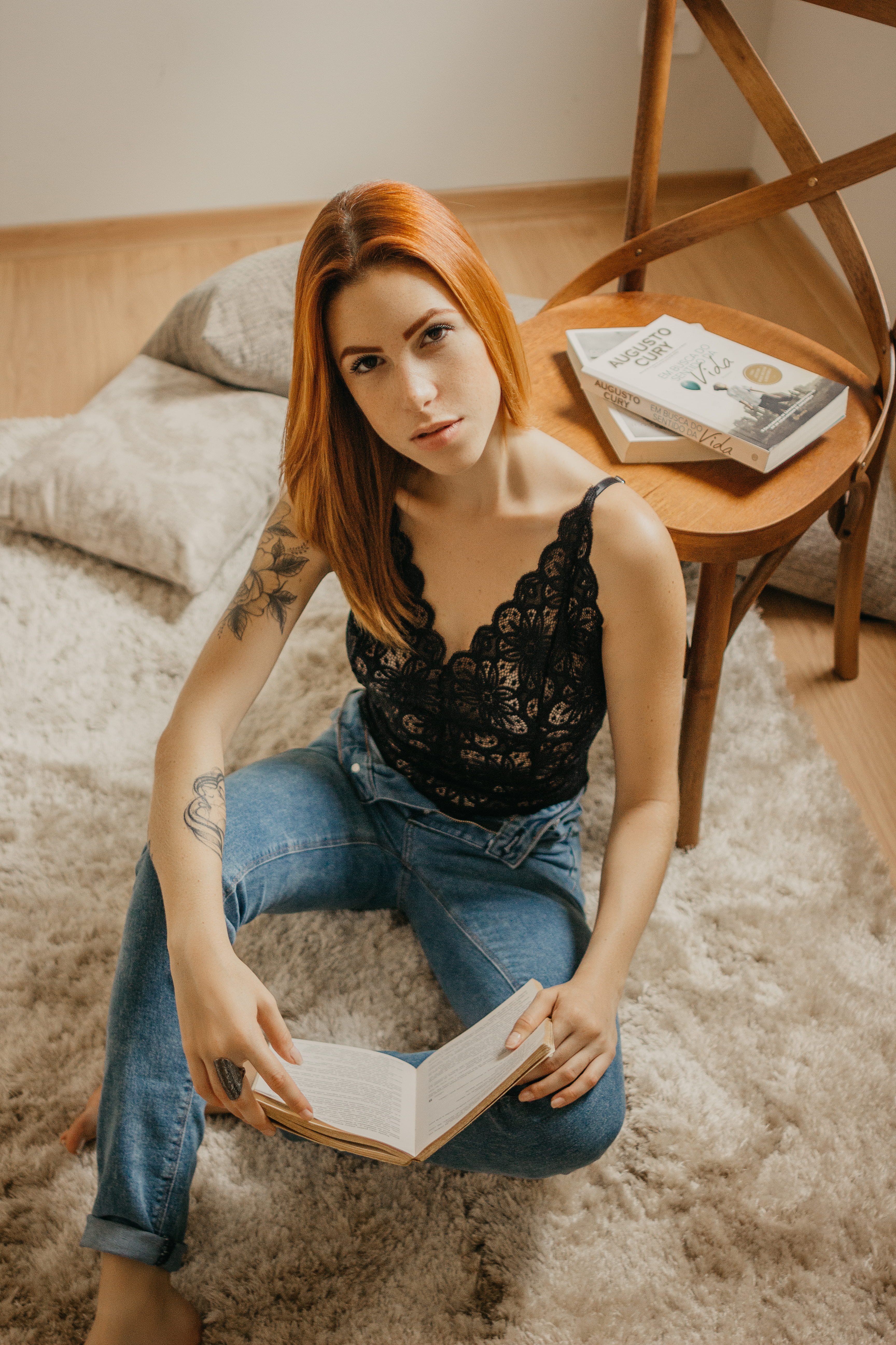 tattooed woman, lifestyles, furniture, wooden, room, three quarter length, lacey top, leisure activity, young women, brown, beauty, rug, studying, looking up, Phone HD Wallpaper
