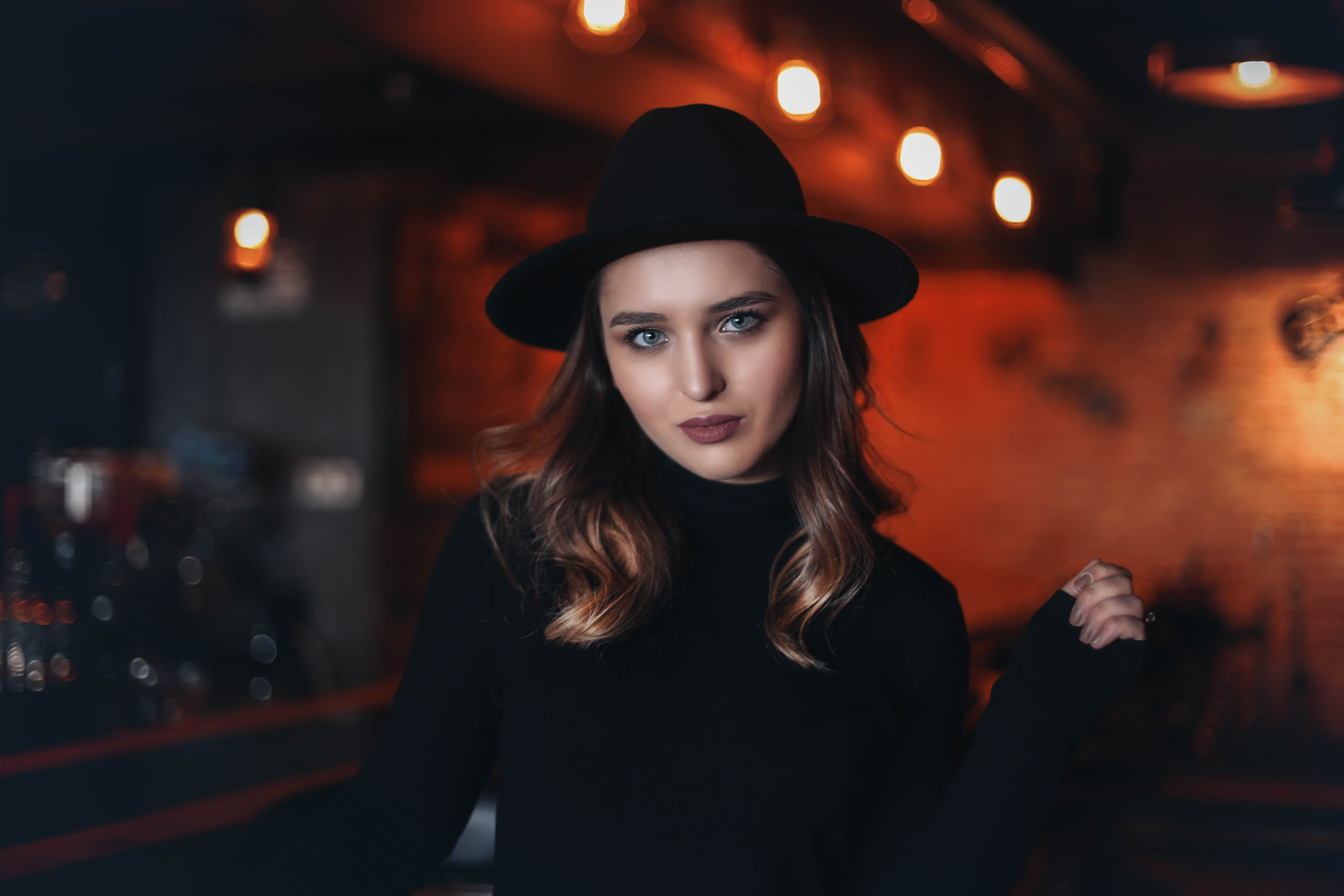 fitted, cowboy hat, bar, face, sleeve, female, young women, standing, glass, portrait, bar counter, beauty, inside, long sleeve, waist up, coat, sun hat, HD Wallpaper