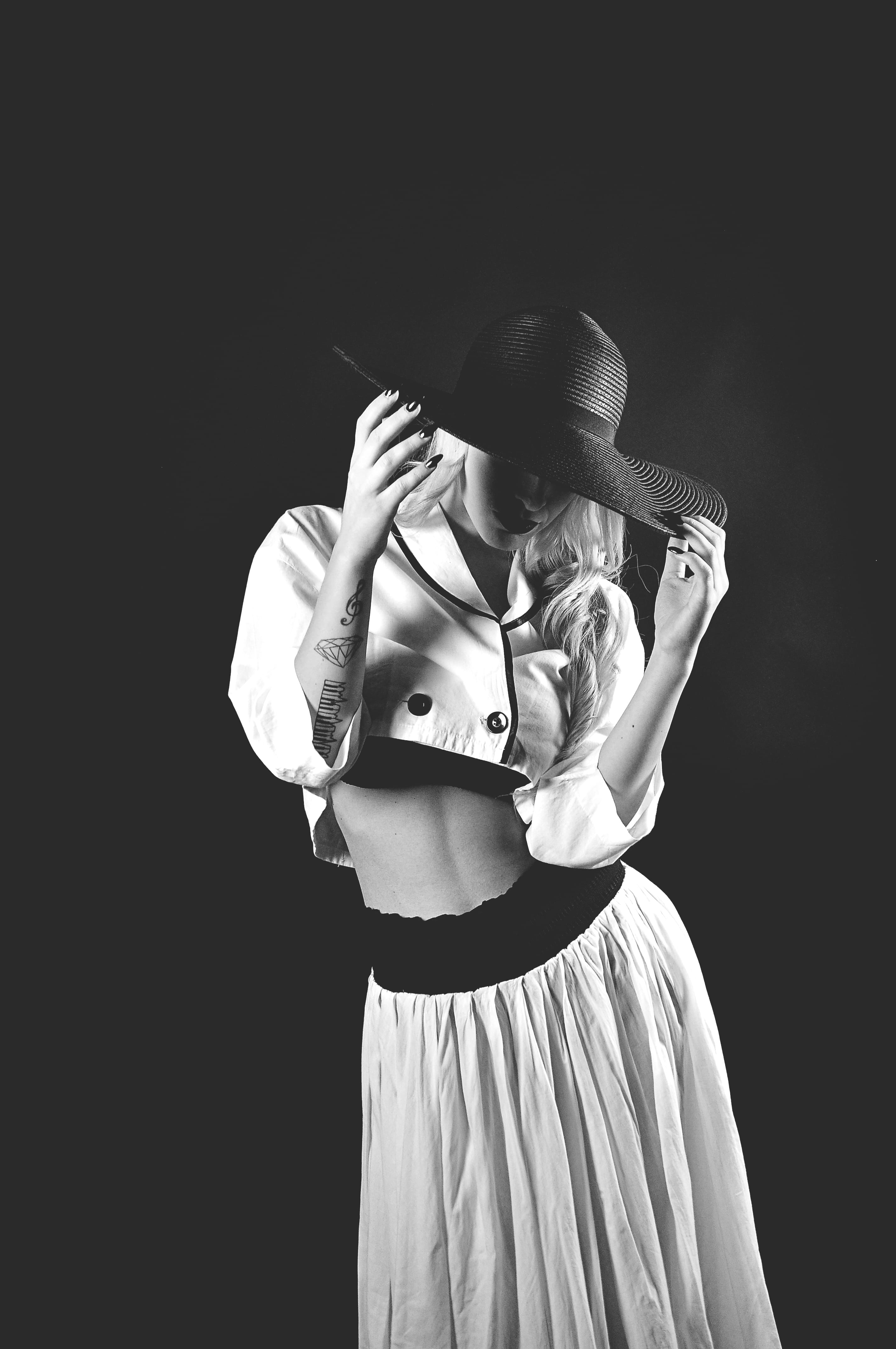 leisure activities, apparel, digital composite, face, 4K, stage, fashion, hat, dancing, photo, sun hat, lifestyles, standing, white, bolero, black background, Phone HD Wallpaper