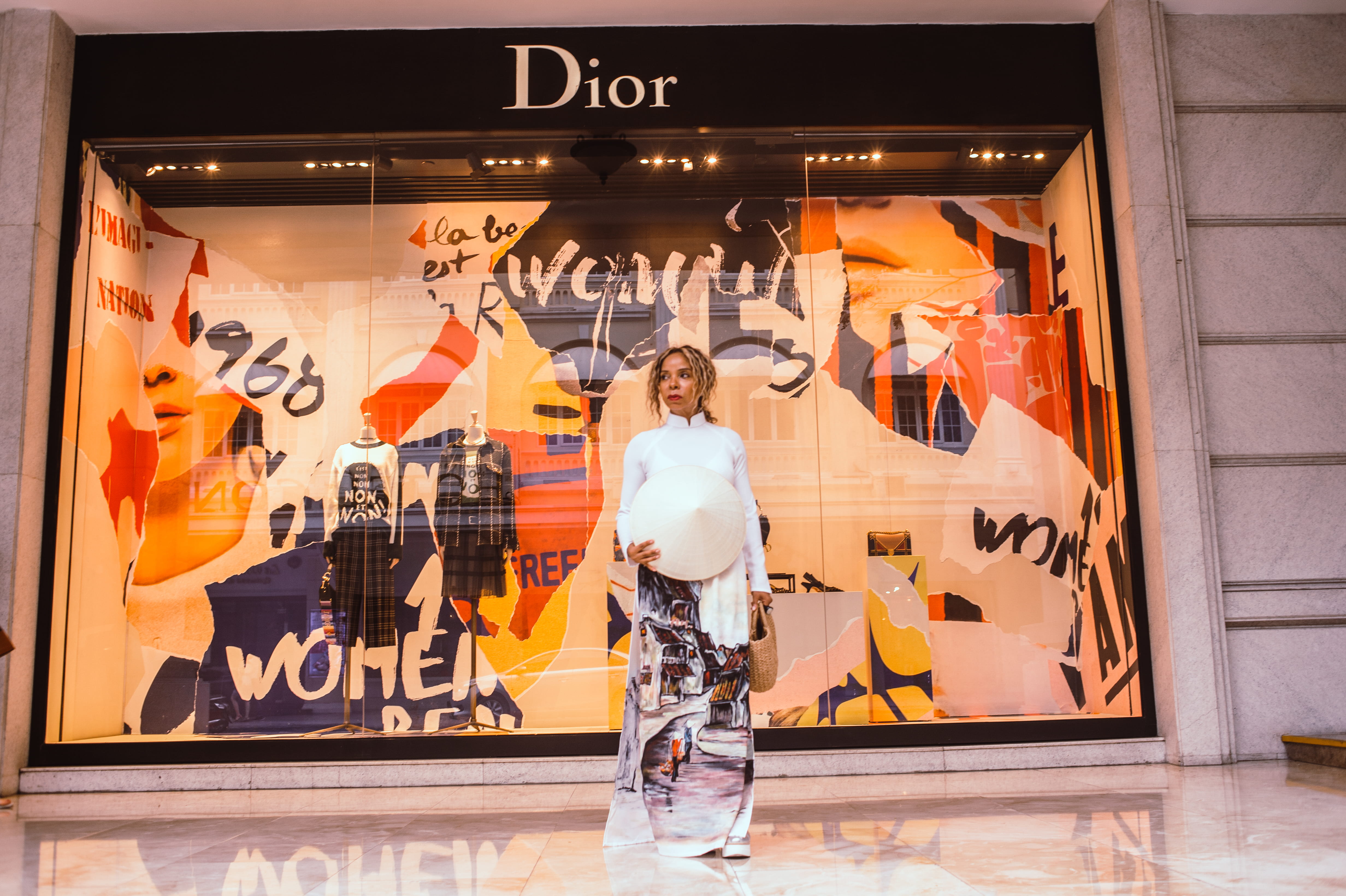 adult, store, beautiful girl, front, front view, city, architecture, building, public show, 4K, ao dai, shopping, dior, text, glass - material, hat, small business, HD Wallpaper