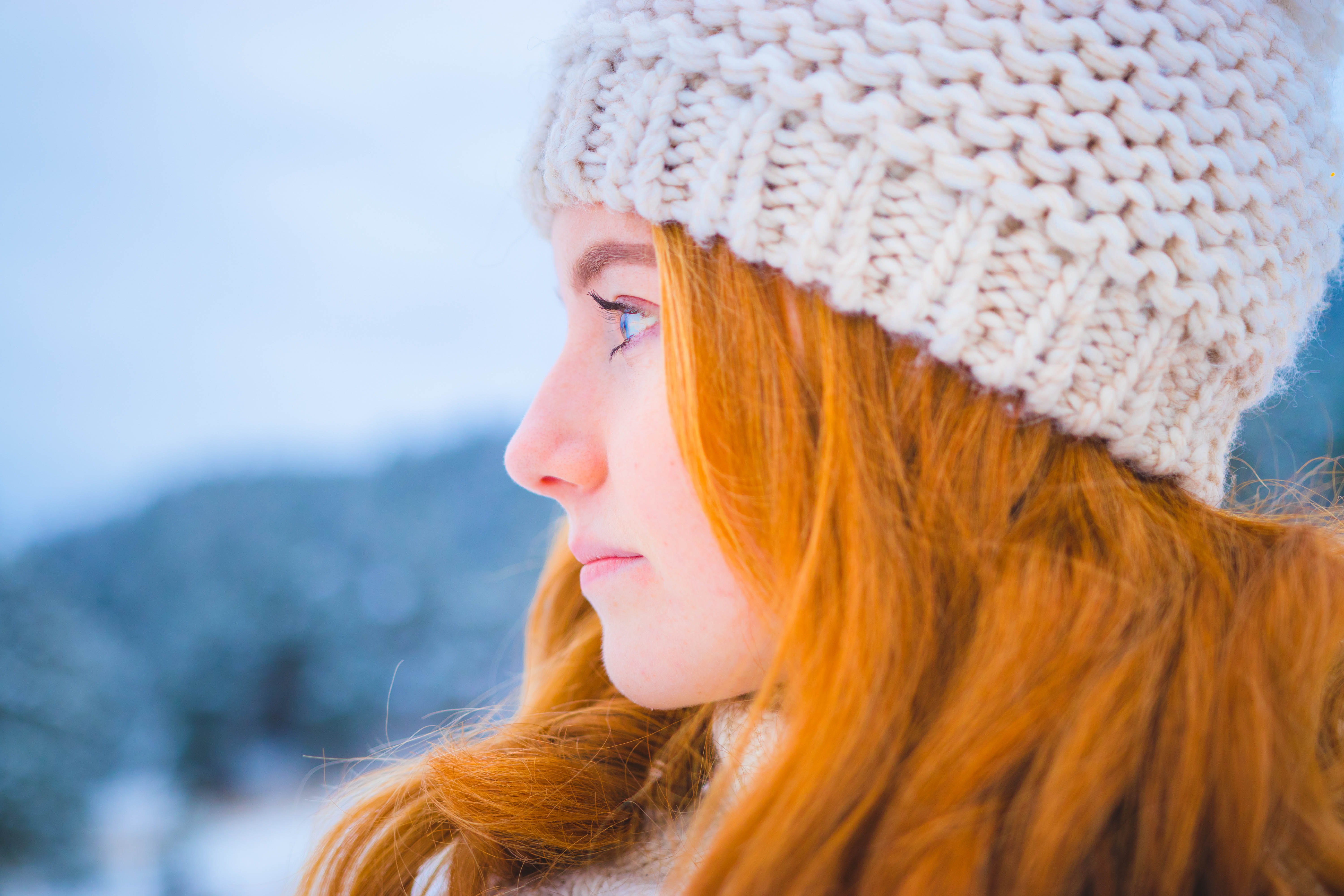 cold temperature, adult, daytime, clothing, profile view, mountains, snow, warm clothing, hairstyle, blond hair, portraiture, girl, tilt, eye, tree, one person, HD Wallpaper