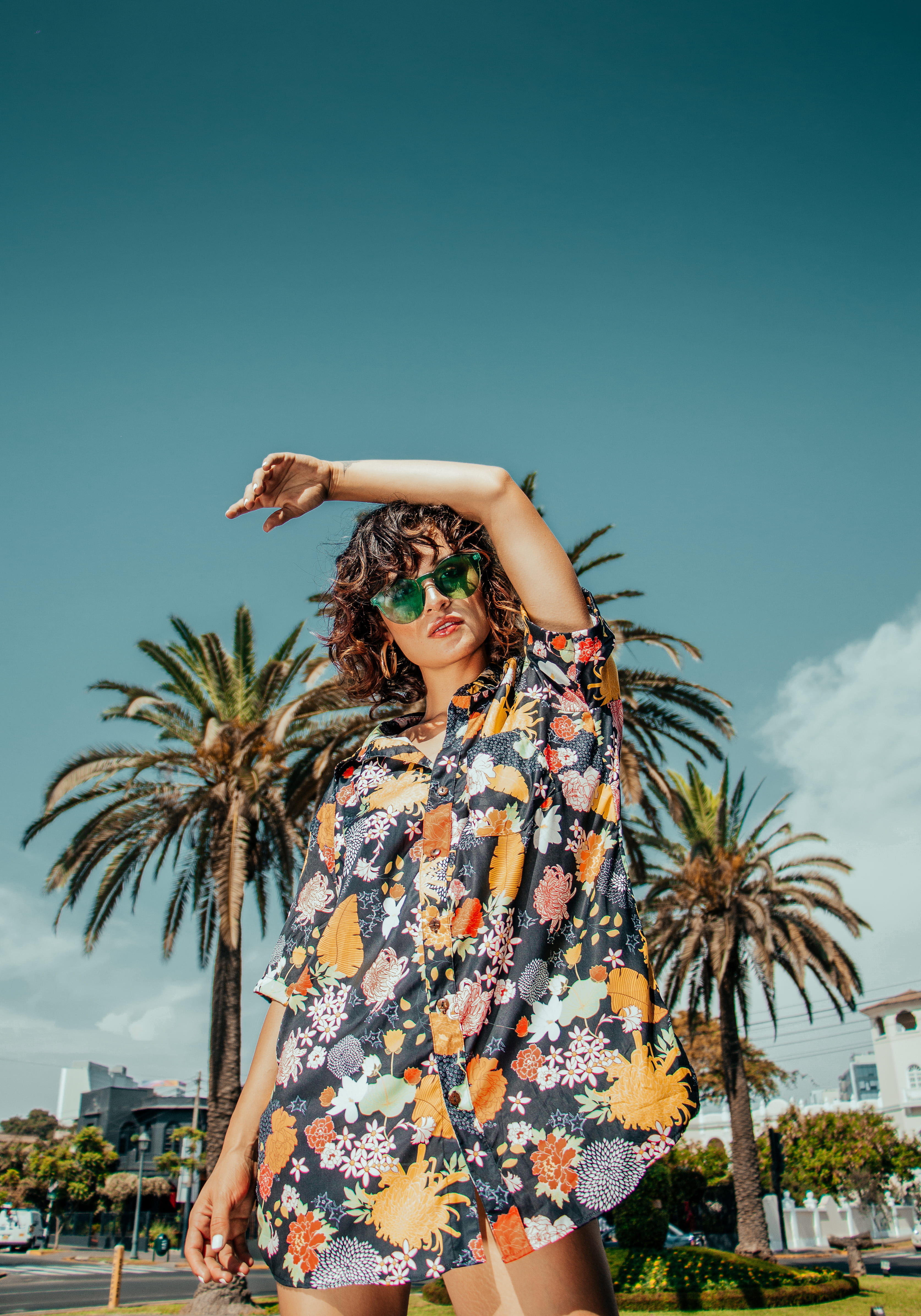 standing, black, nature, architecture, street, young women, summer, sunglasses, sunlight, human arm, tropical, hairstyle, plant, portrait, real people, Phone HD Wallpaper