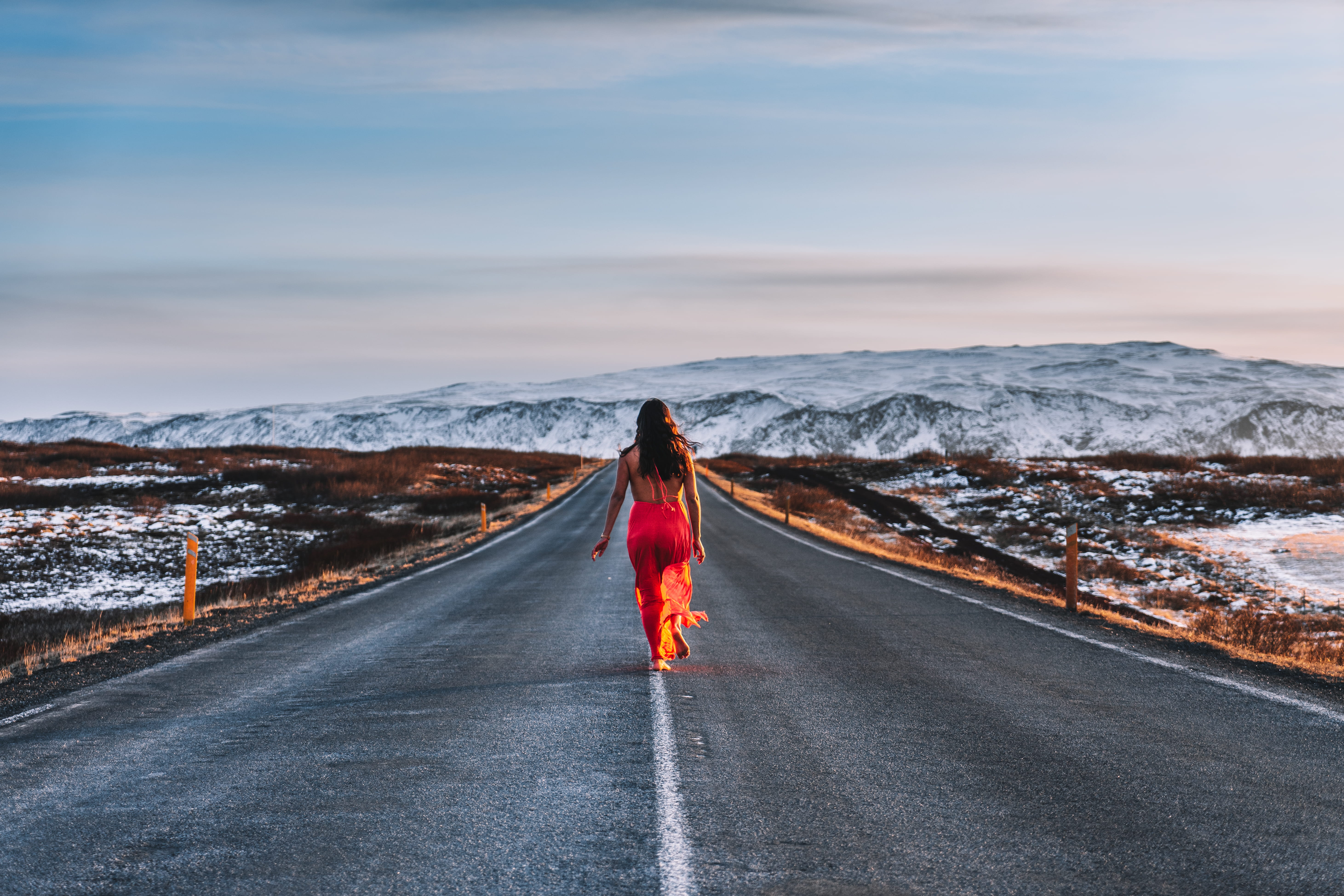 running away, dress, barefoot, 5K, blacktop, snowcapped mountain, mountain, walking, background, red, red dress, scenics - nature, sky, one person, snow, HD Wallpaper
