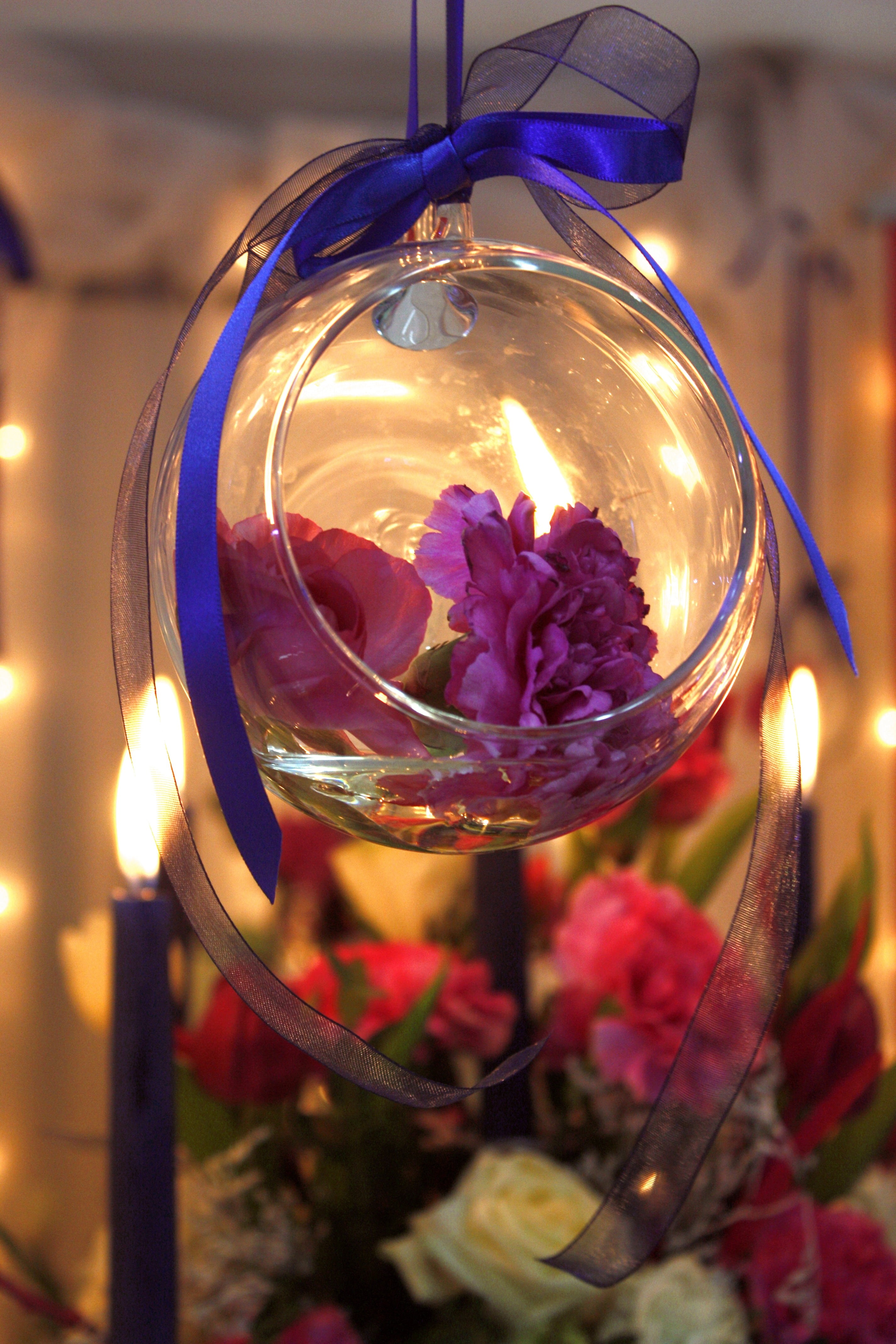 clear, electricity, fragility, purple flower, focus on foreground, the ceremony, glass bauble, decorative, candles, pink, freshness, nature, indoors, composition, Phone HD Wallpaper