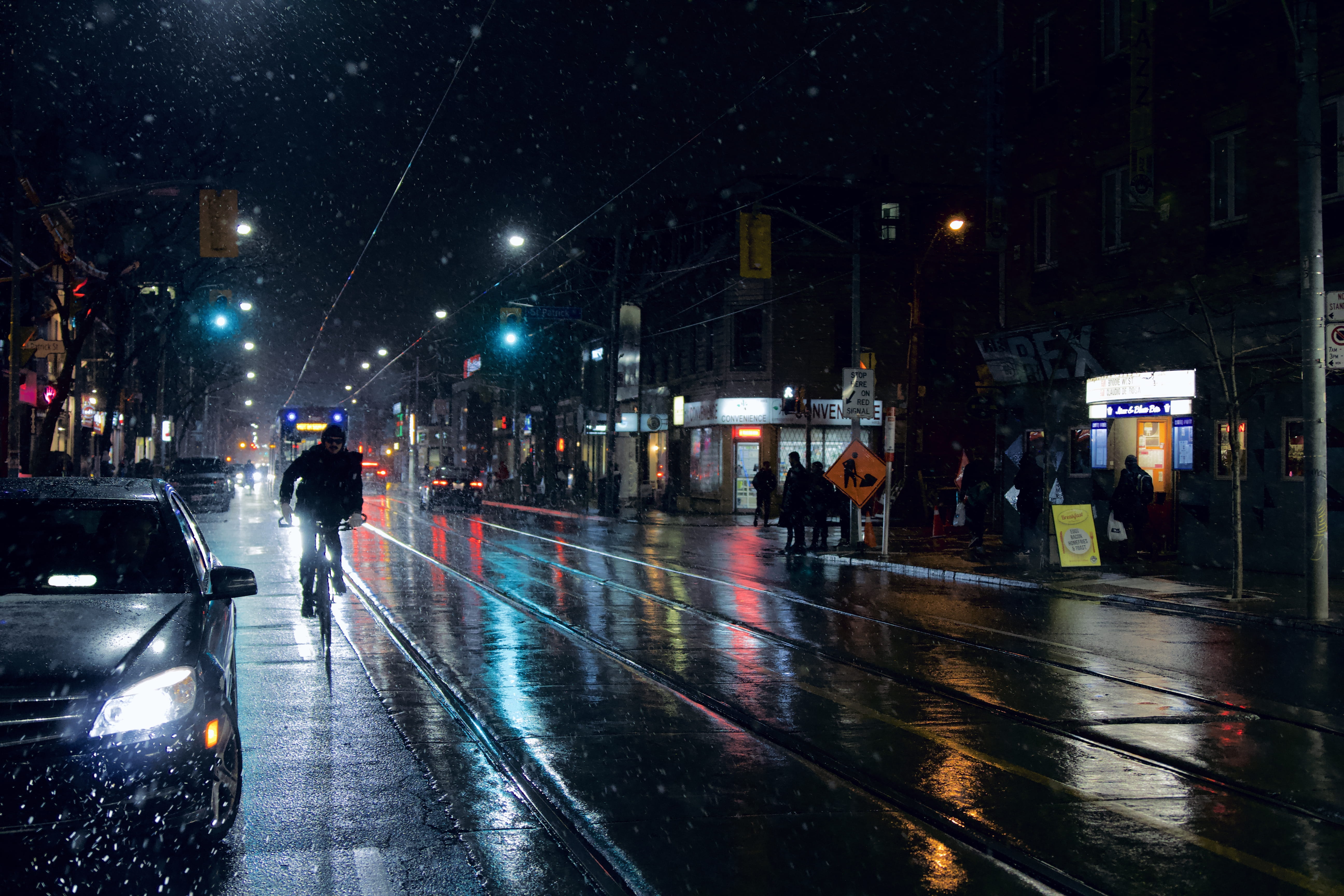 wet, man, building exterior, human, motor vehicle, flare, rain, outdoors, riding, people, night, tarmac, vehicle, person, group of people, 5K, city life, HD Wallpaper