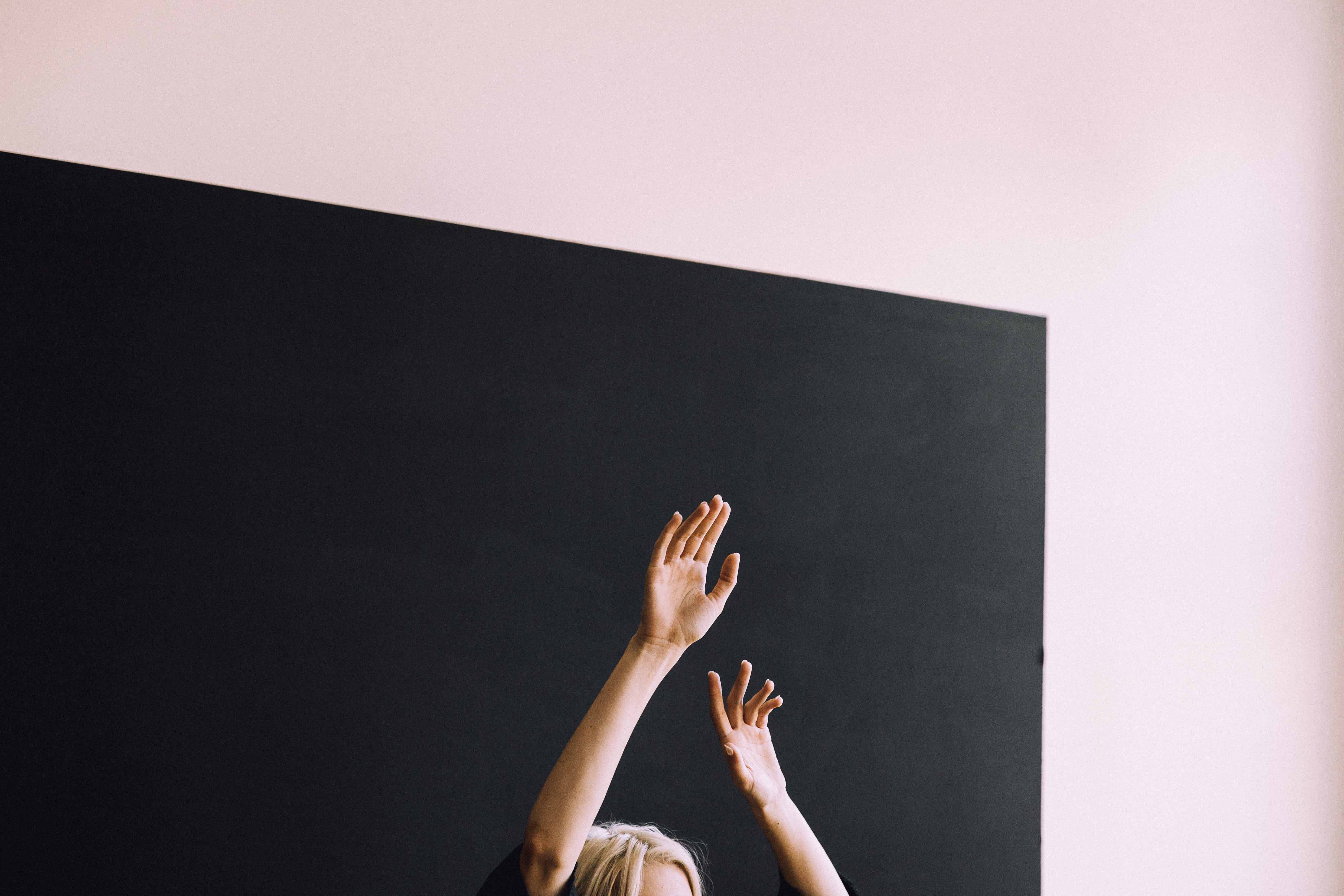 blackboard, caucasian, people, hair, minimalistic, studio shot, pink, women, black, human body part, raising, creativity, arm, human limb, woman, human hand, HD Wallpaper