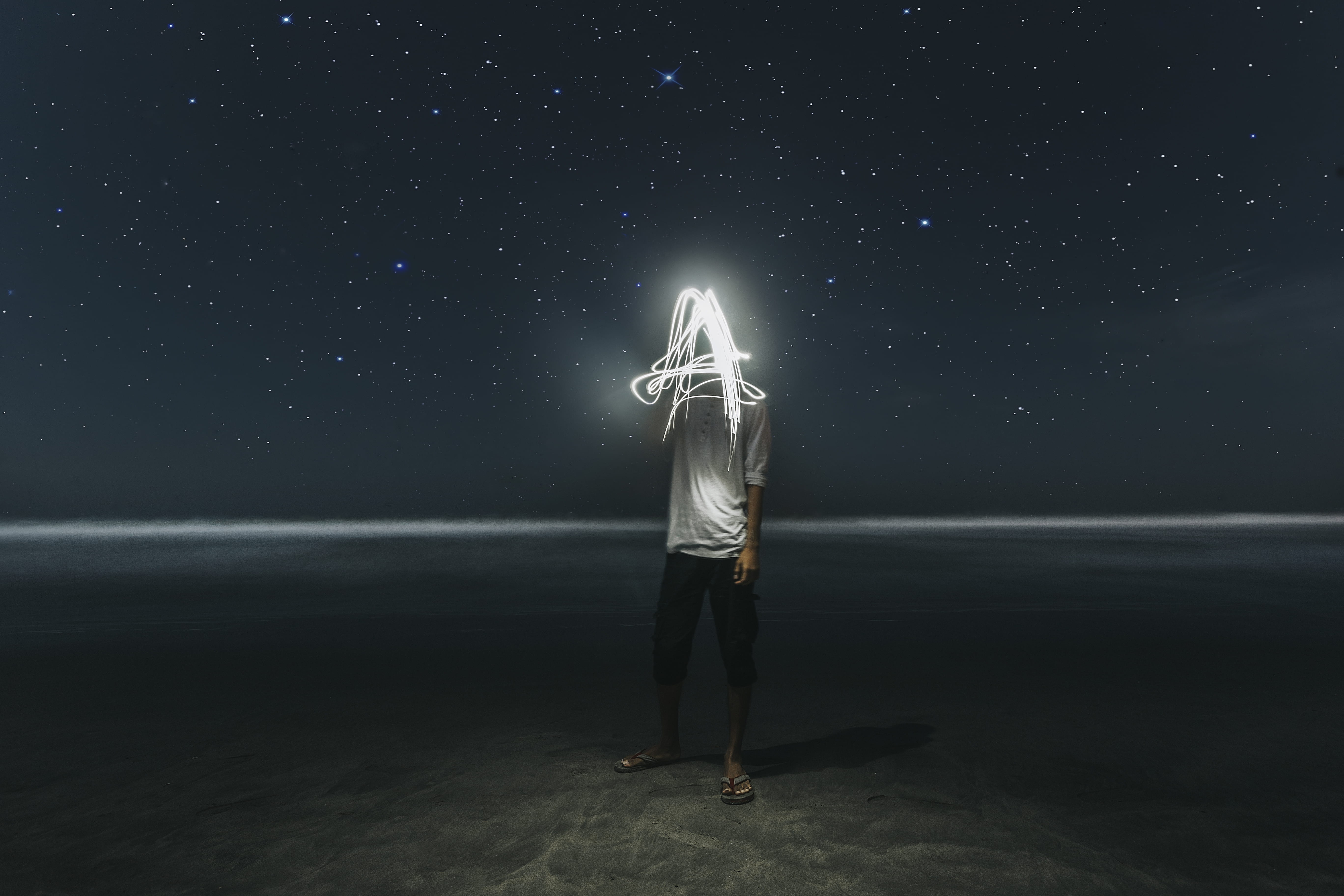 letter a, space, astronomy, horizon over water, a, craetive perspective, line, star field, one person, galaxy, sky, night time, person, illuminated, seashore, HD Wallpaper