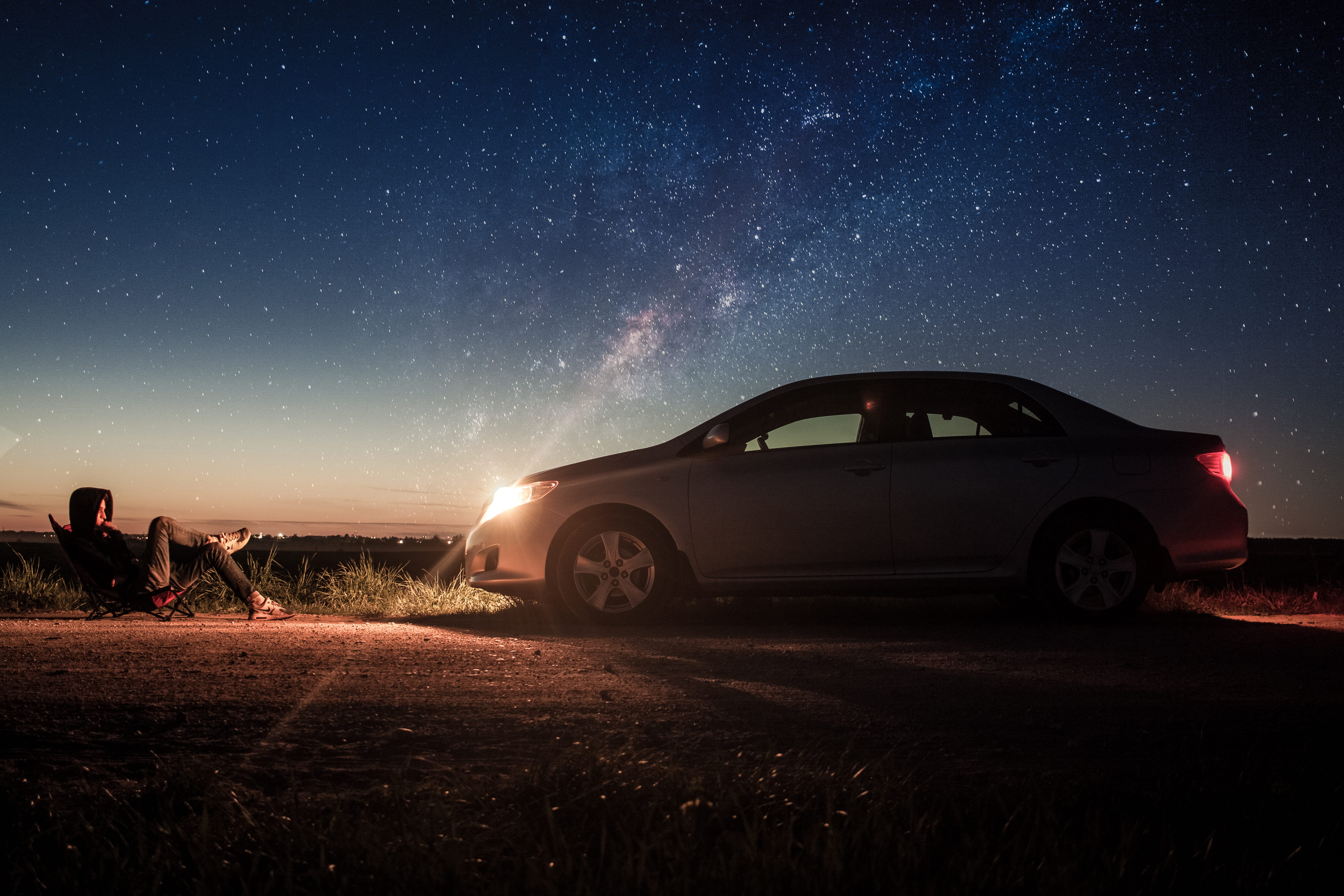 field, action, transportation system, moon, star - space, constellation, light, grass, night, milky way, sitting, sunset, laying, land vehicle, motor vehicle, HD Wallpaper