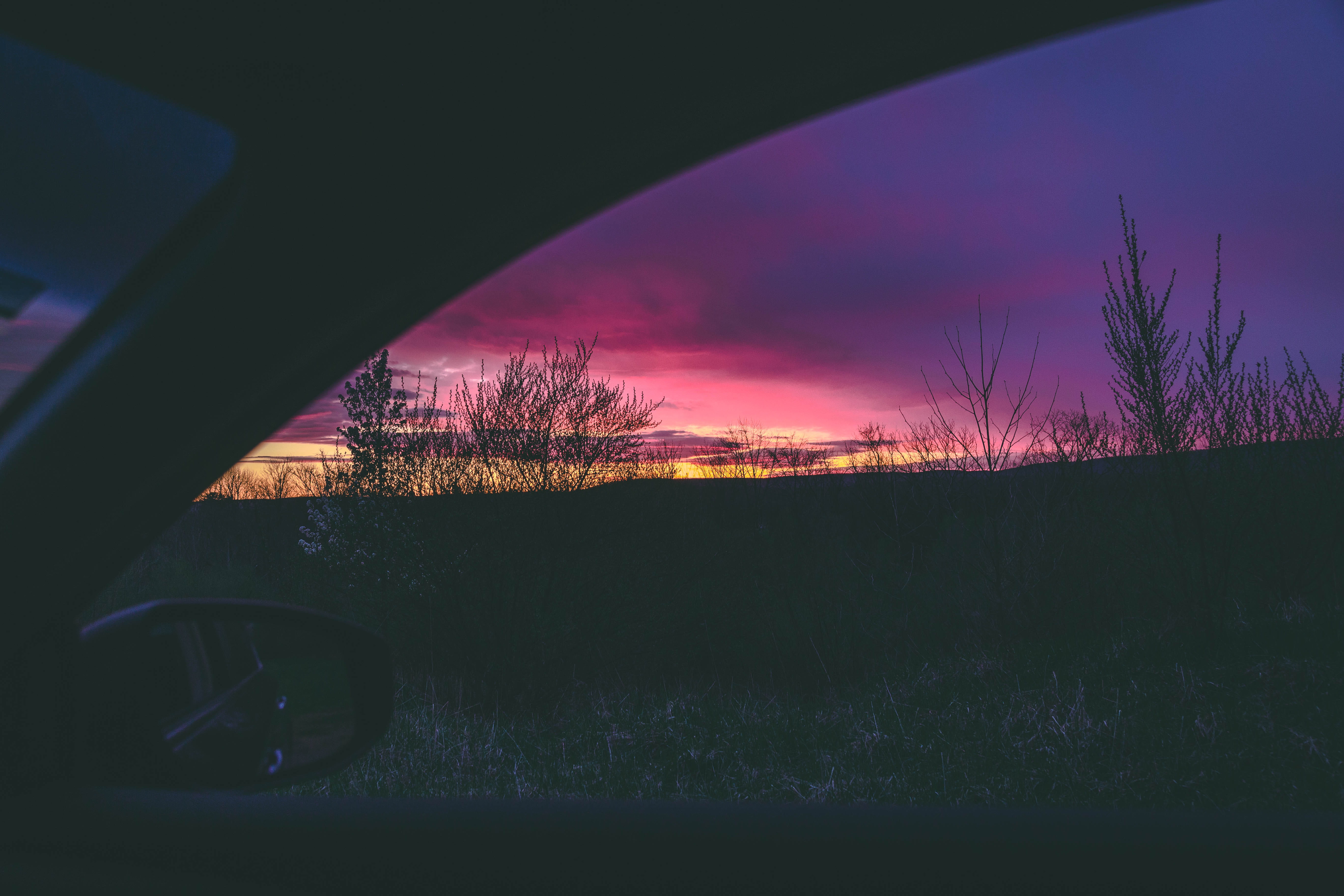 tree, side mirror, no people, dark, evening, hour, glass - material, transportation, outdoors, bare tree, golden, 5K, sky, golden hour, inside, vehicle, HD Wallpaper