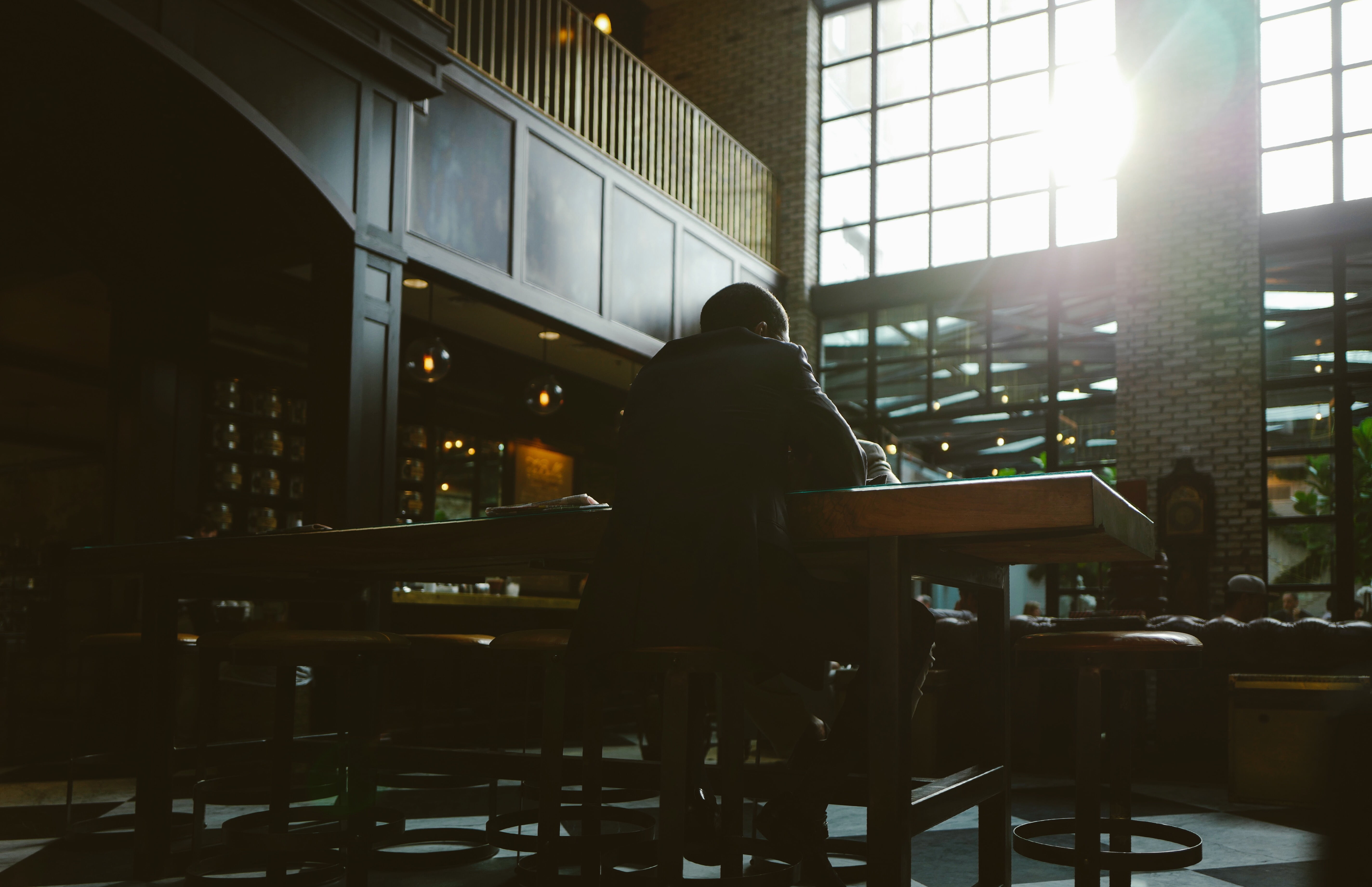 one woman only, black, jacket, people, seat, only women, restaurants, day, window, person, silhouette, rear view, 5K, women, architecture, chairs, one person, HD Wallpaper