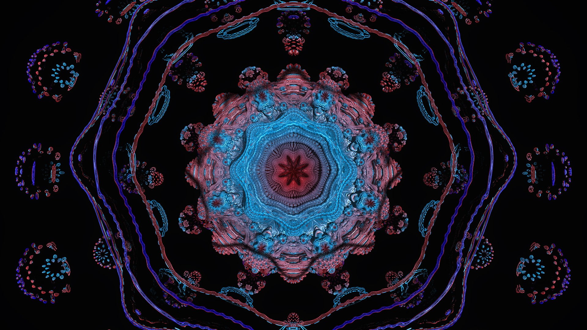magnification, technology, black background, art and craft, 1080P, nature, 3D fractal, digital art, no people, symmetry, blue, minimalism, render, animal themes, HD Wallpaper