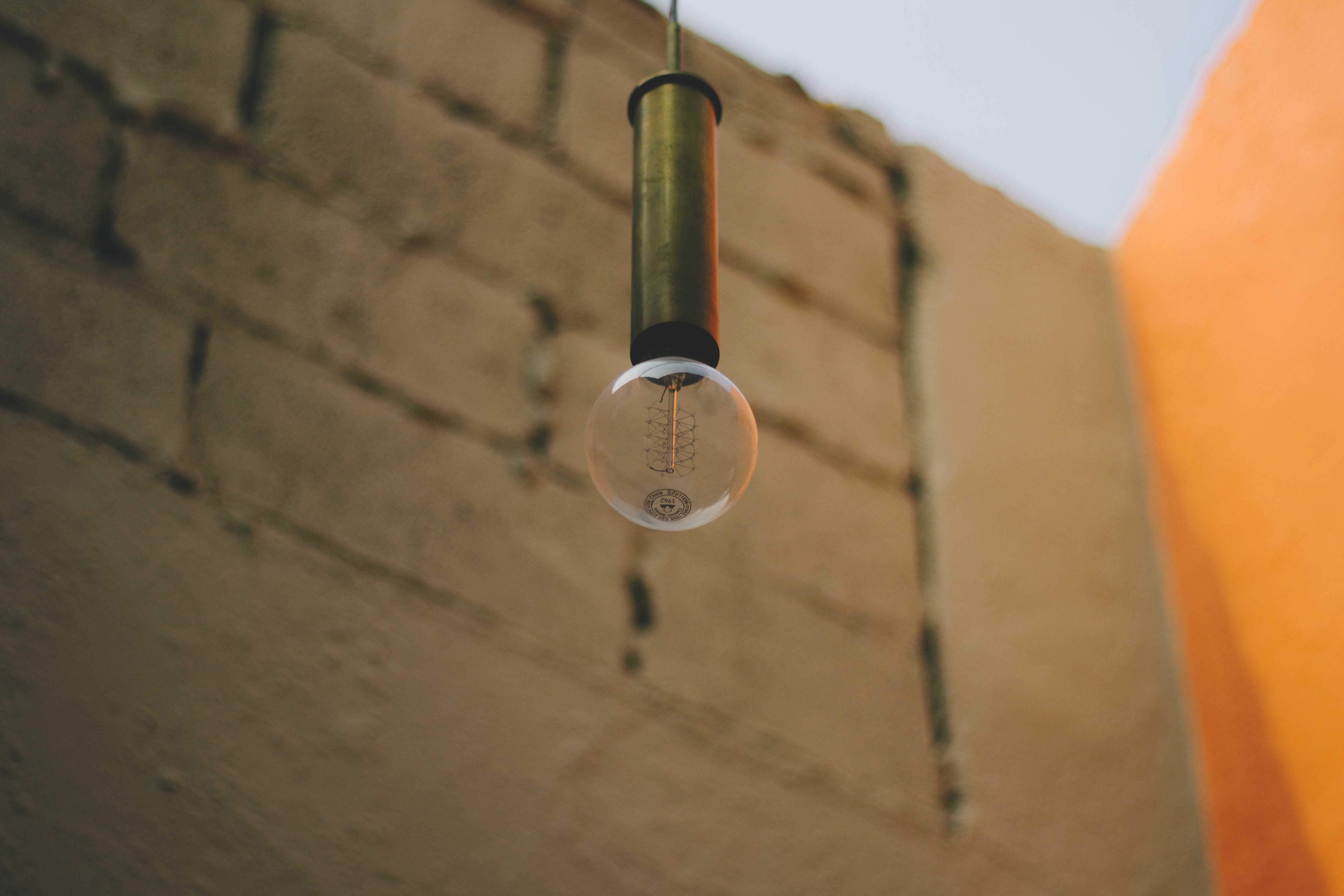 light, technology, safety, near, metal, low angle view, illuminated, close-up, no people, 4K, incandescent, built structure, bulb, single object, brick, HD Wallpaper