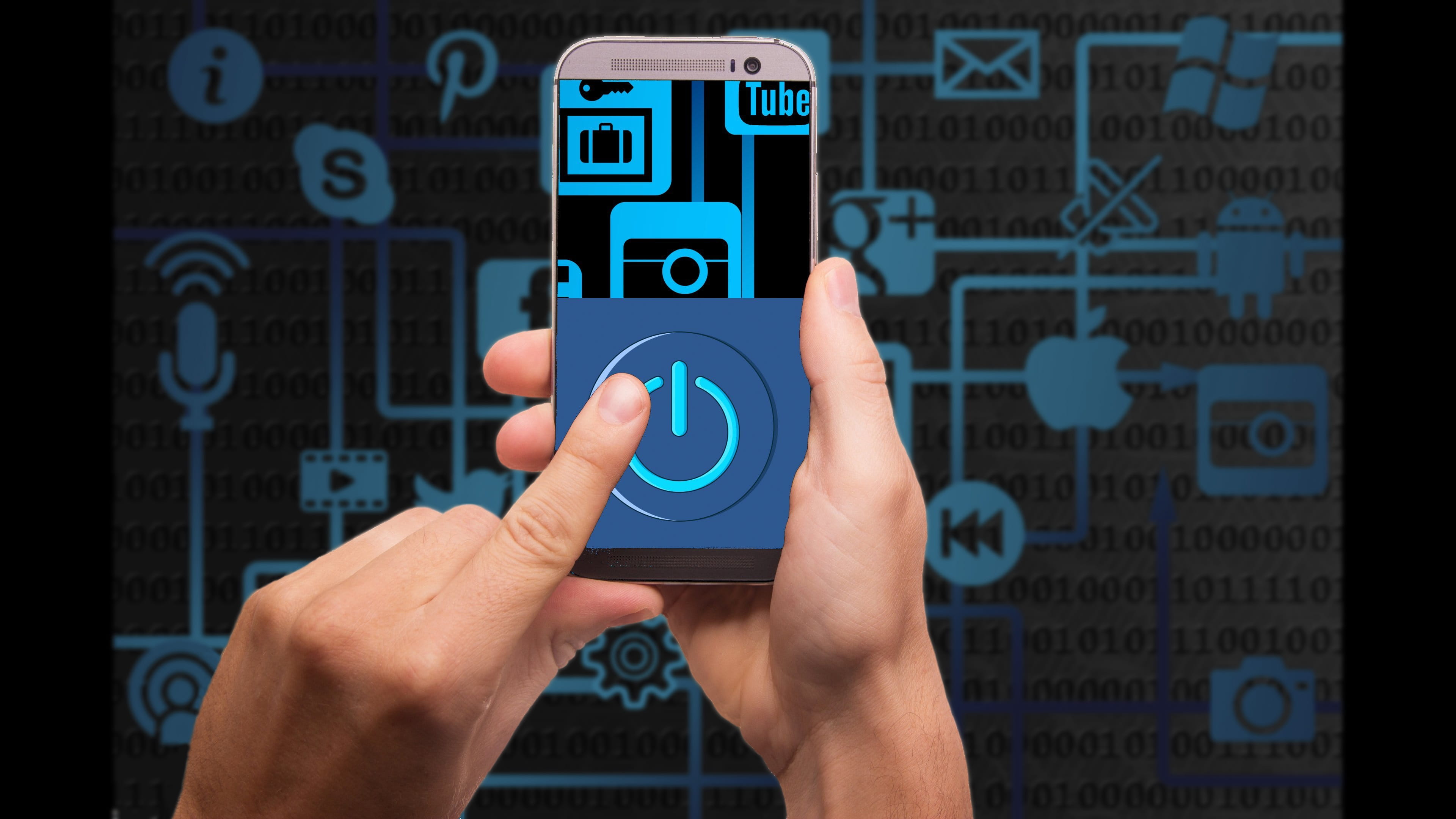 communication, computer icon, 4K, push button, adult, social media, blue, wireless technology, text, smartphone, black, human hand, hand, body part, power-saving mode, HD Wallpaper