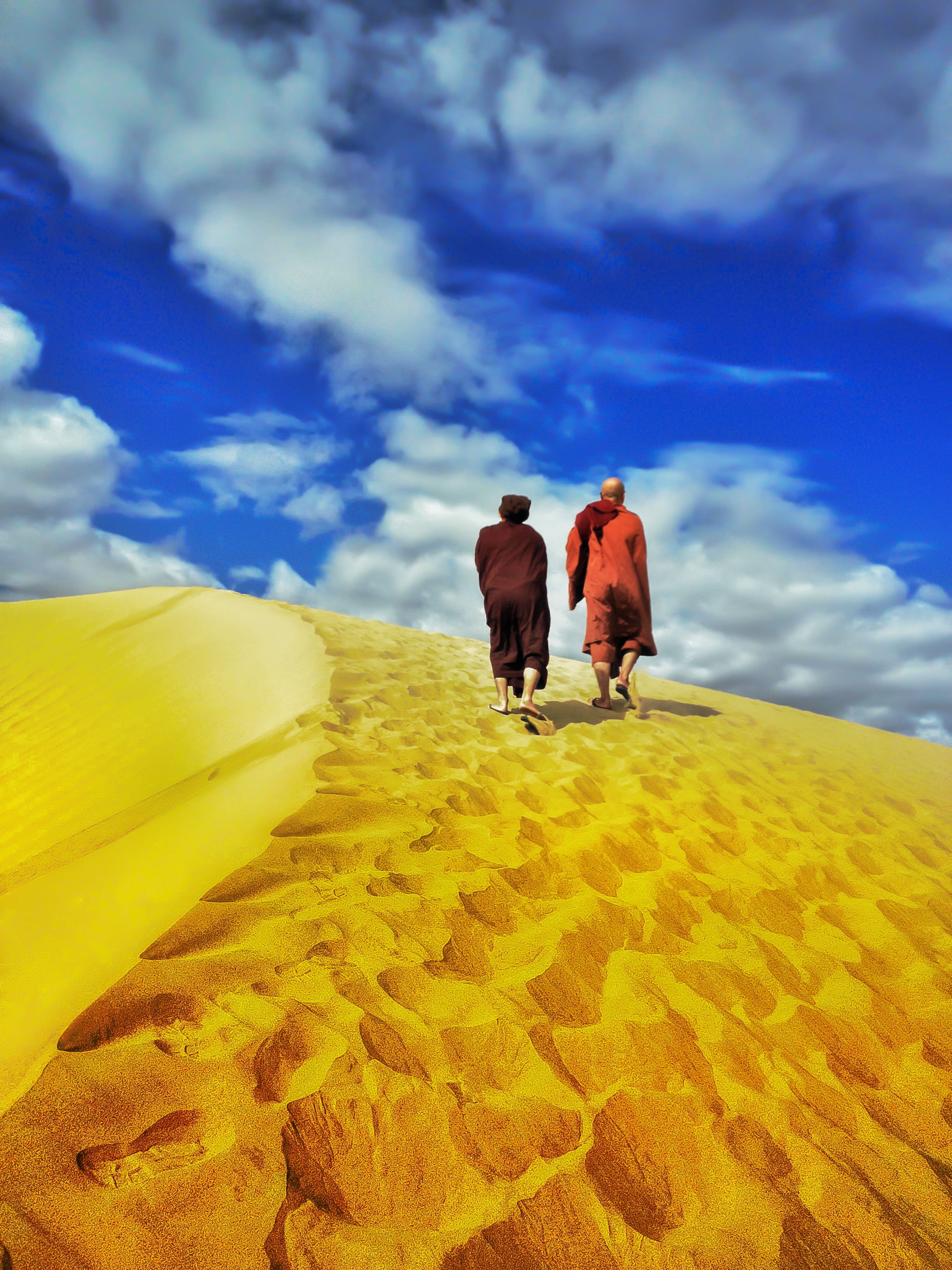 positive emotion, land, Theravada Buddhism, lifestyles, rear view, walk, sand, men, walking, day, buddhism, Monk, landscape, outdoors, Desert, togetherness, Phone HD Wallpaper