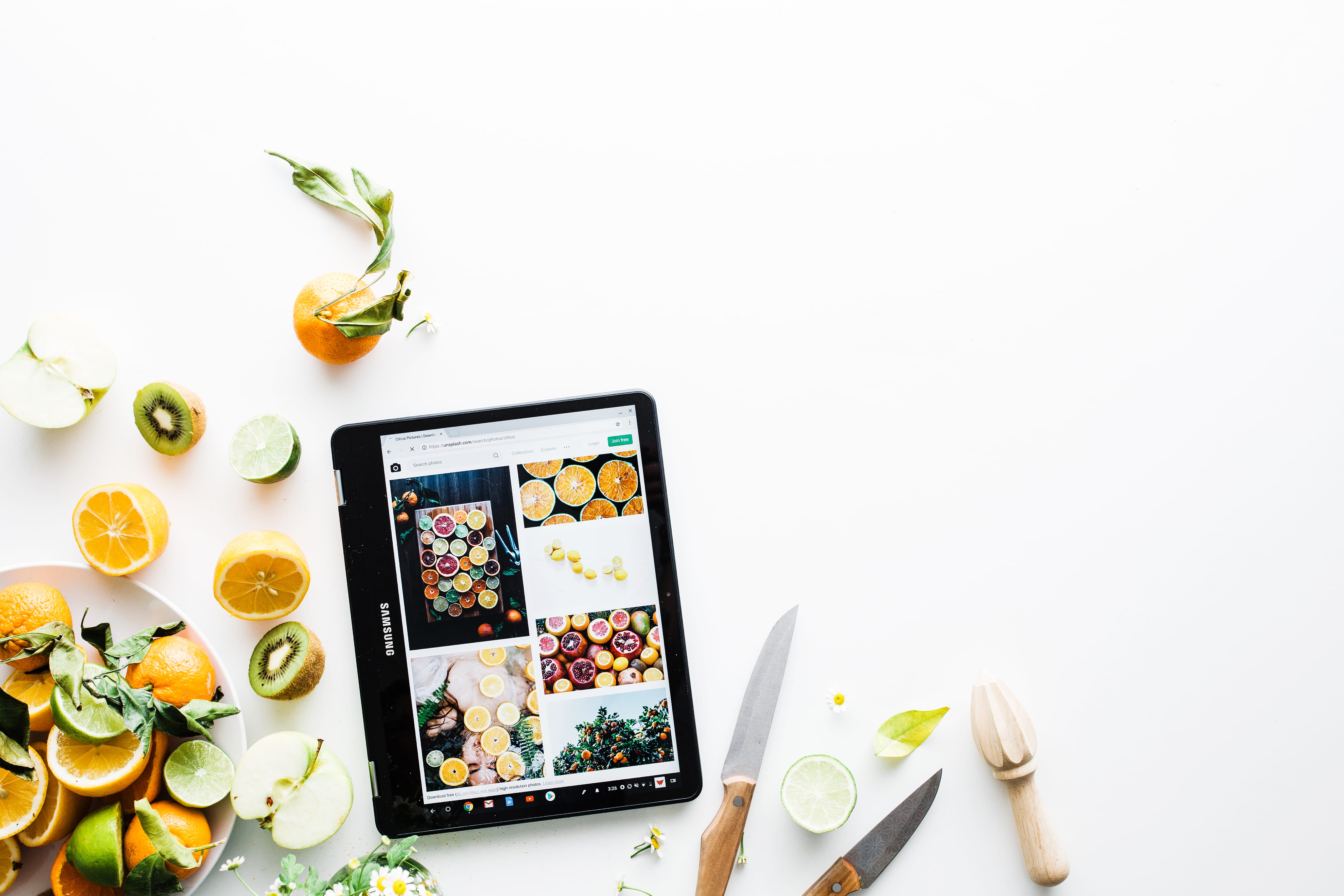technology, wireless technology, brown, wellbeing, studio shot, table, directly above, fruit, google, citrus fruit, digital tablet, laptop, sponsored, knife, HD Wallpaper