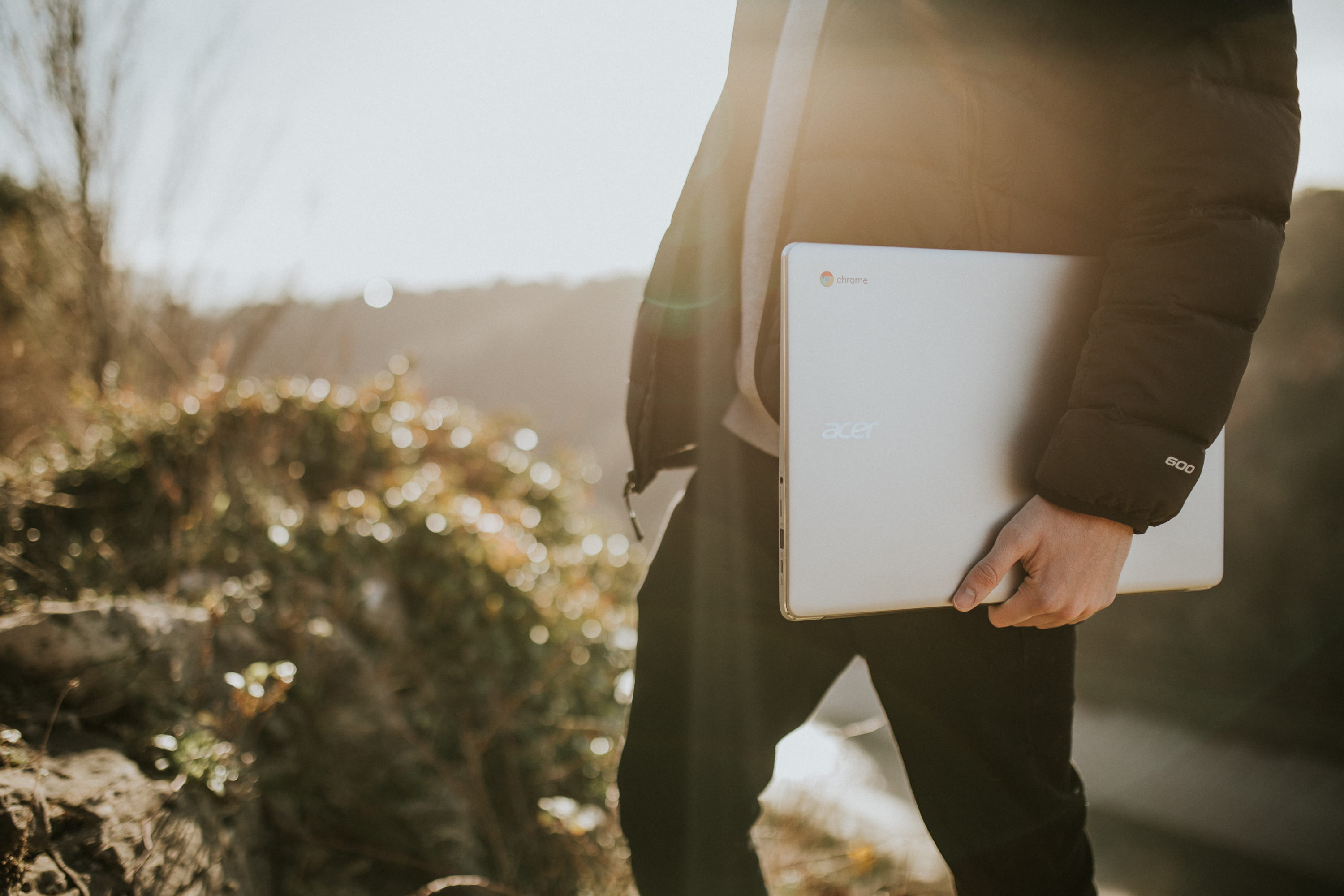 computer, sponsored, responsibility, 2K, laptop, acer, chromebooks, midsection, sunlight, day, human body part, standing, nature, real people, occupation, HD Wallpaper