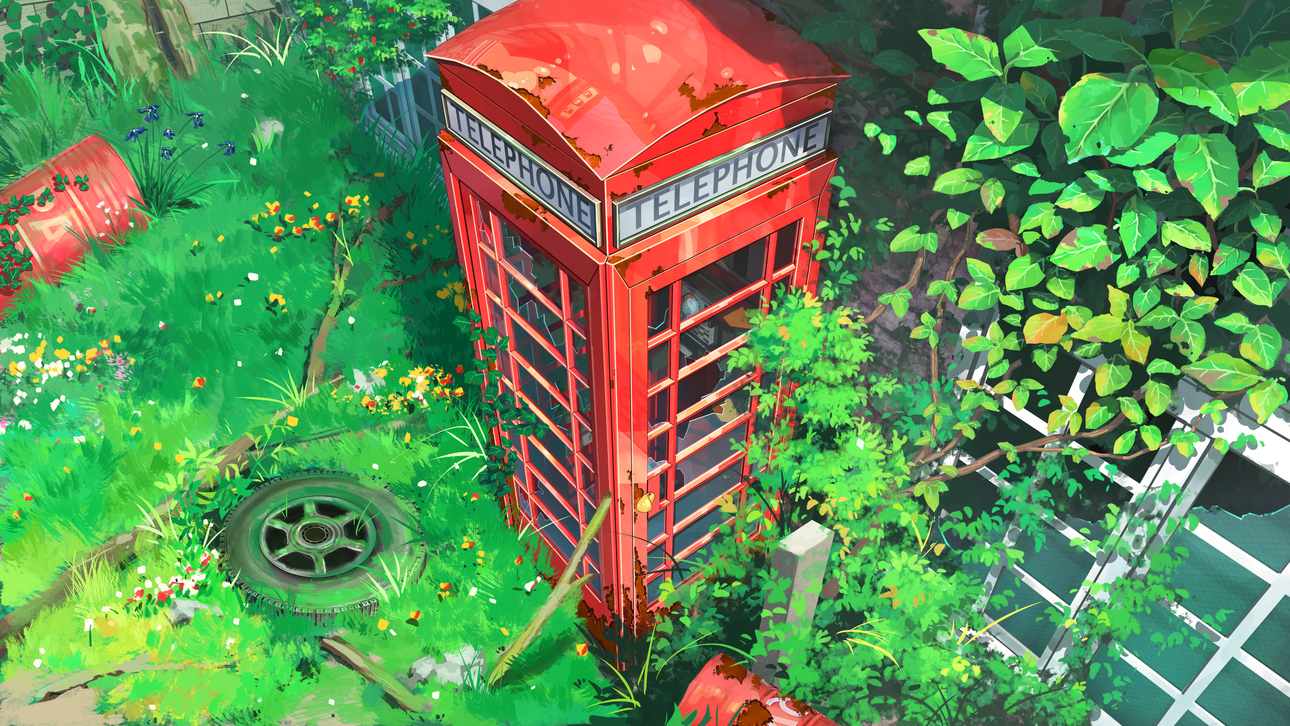 broken glass, plants, wheels, rust, 4K, barrels, lawns, trash, phone box, flowers, leaves, digital art, HD Wallpaper