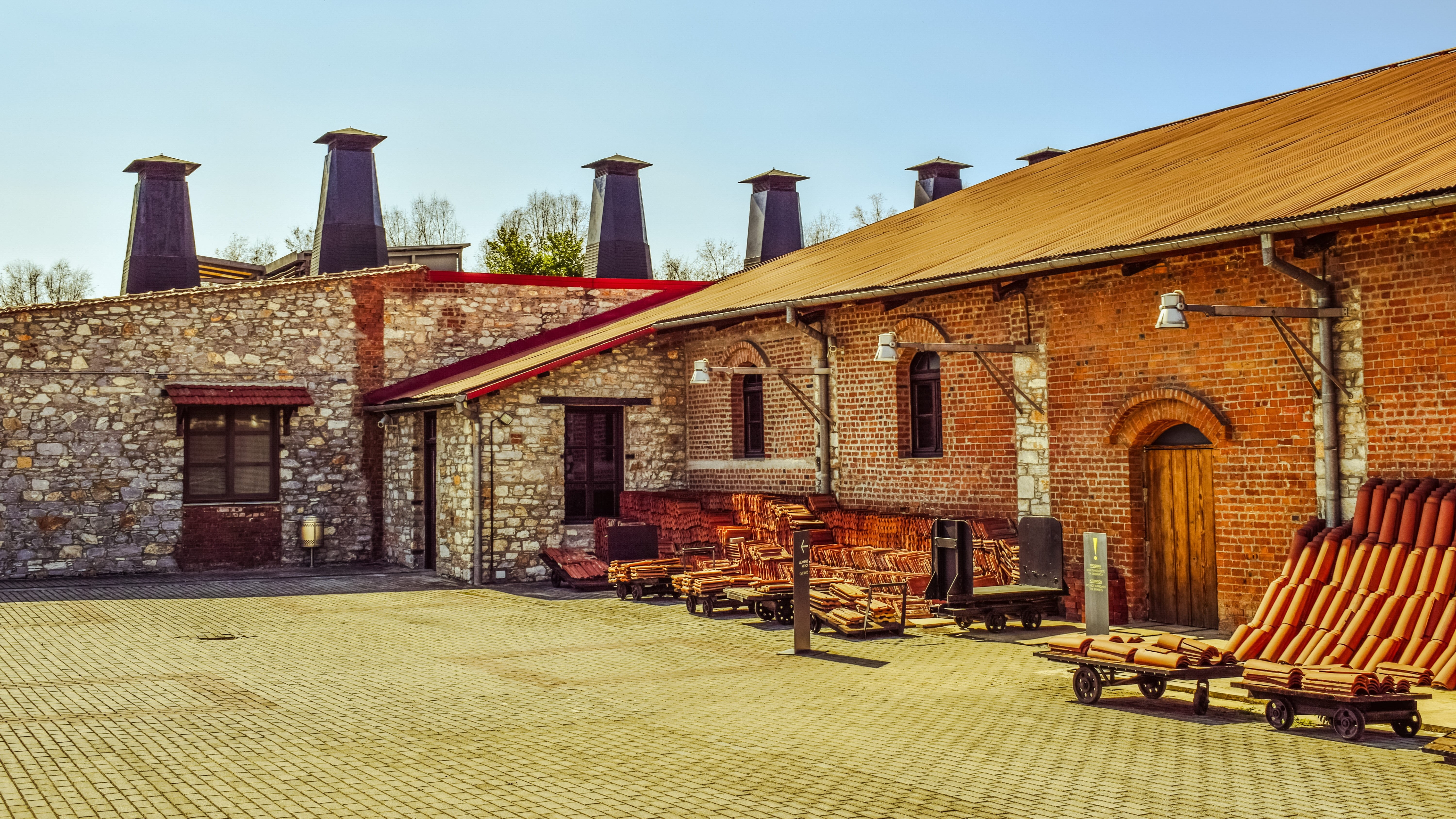 roof tile, day, built structure, industrial, luxury, old factory, architecture, history, nature, no people, brick wall, greece, city, reuse, roof, clear sky, HD Wallpaper
