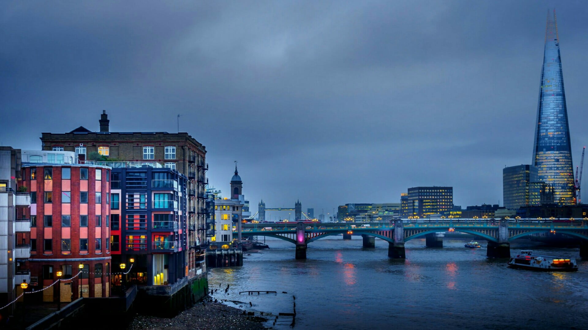 1080P, building exterior, no people, illuminated, office building exterior, mode of transportation, building, transportation, sky, thames, london, united kingdom, HD Wallpaper