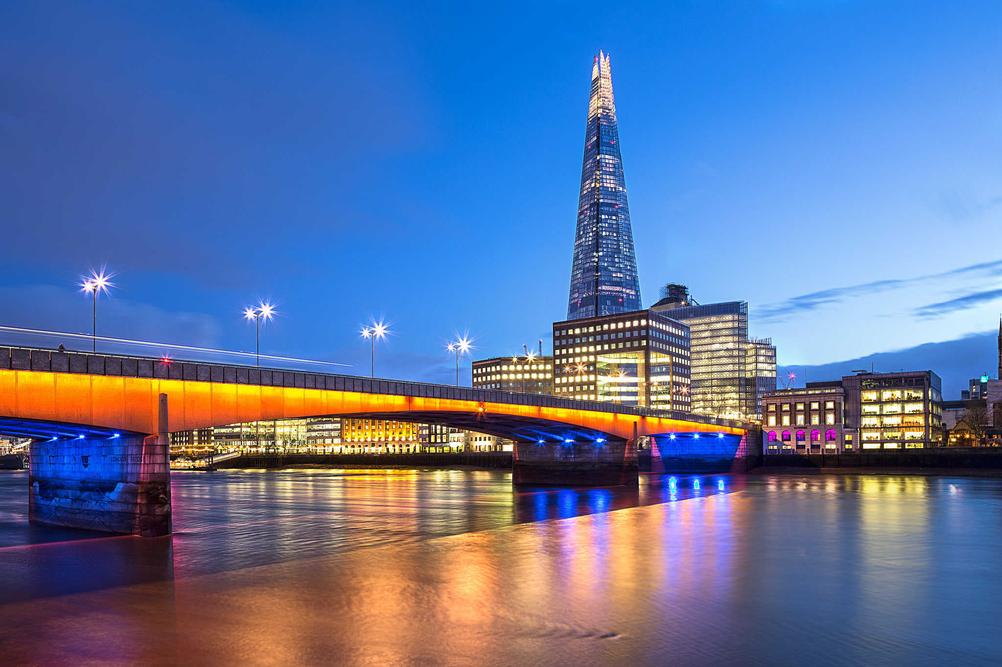 lighting, lights, the city, Thames, excerpt, city, skyscraper, 1080P, river, bridge, London, blue, clouds, Great Britain, the sky, backlight, Southwark Bridge, HD Wallpaper