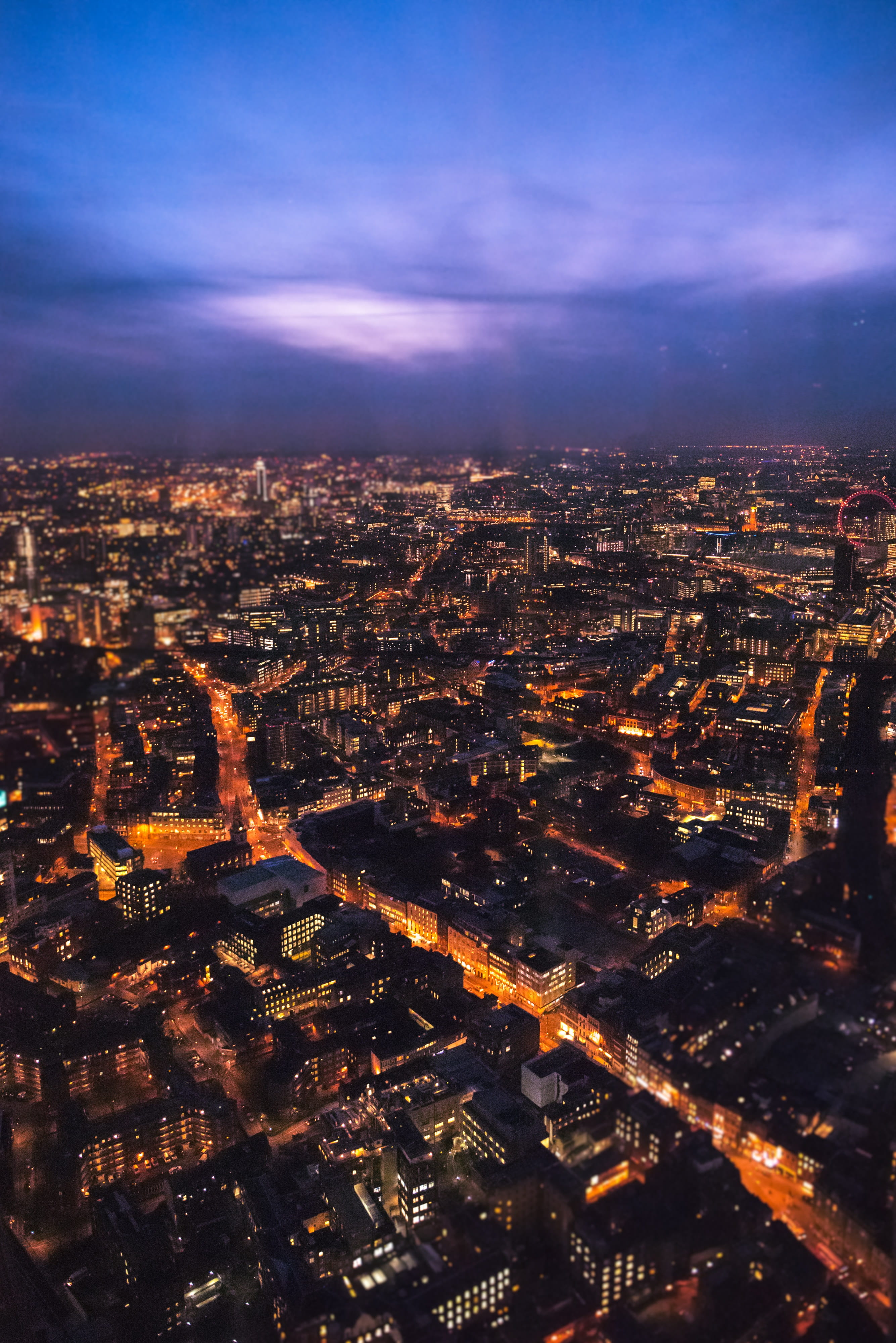 outlook, office building exterior, united kingdom, uk, ferris wheel, night, skyscraper, residential district, aerial view, london, sky, crowded, London Eye, Phone HD Wallpaper