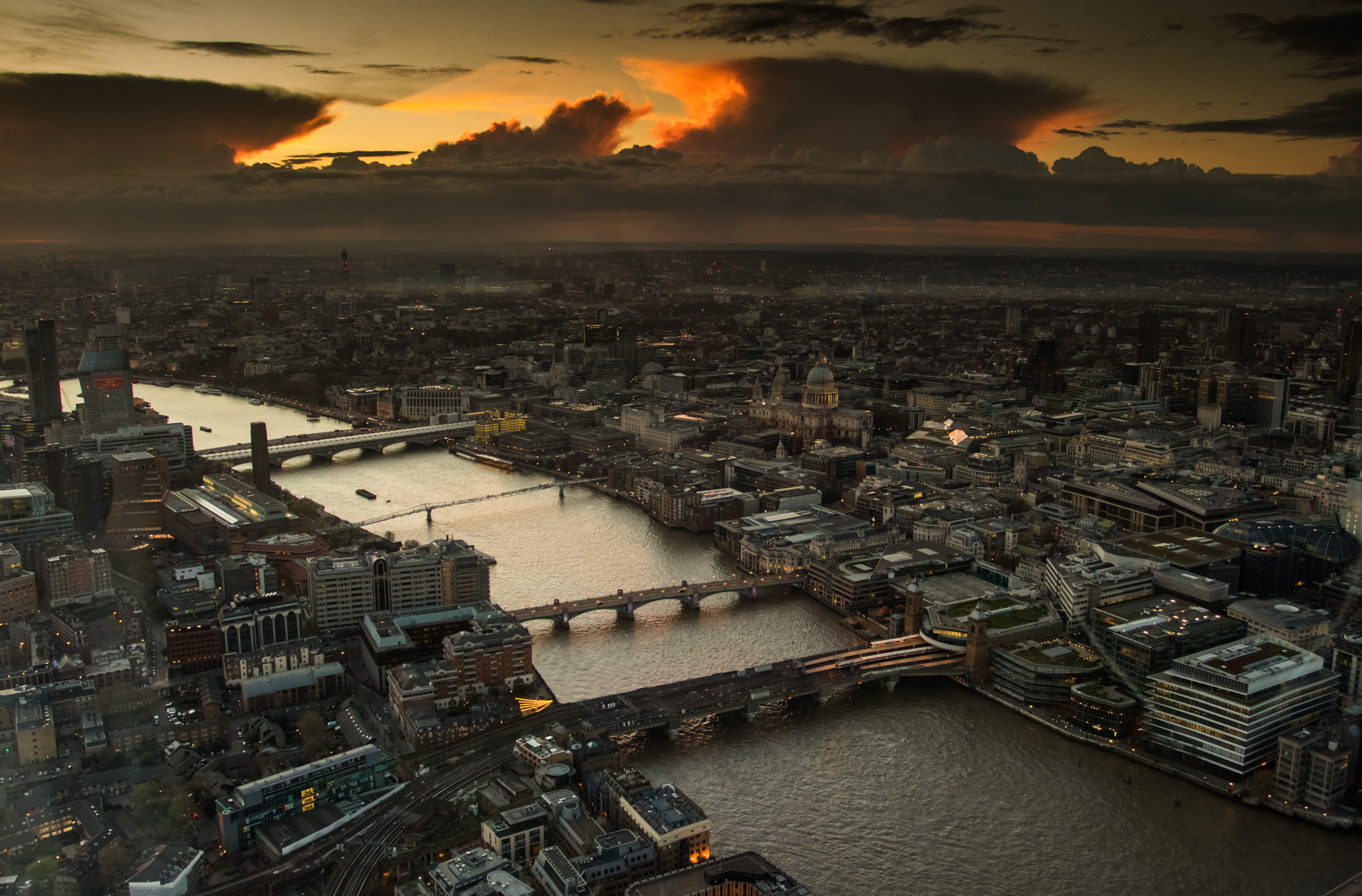 aerial view, water, bridge, view, urban, united kingdom, millenium bridge, city, sunset, travel destinations, the shard, photography, cloud, london brigde, HD Wallpaper