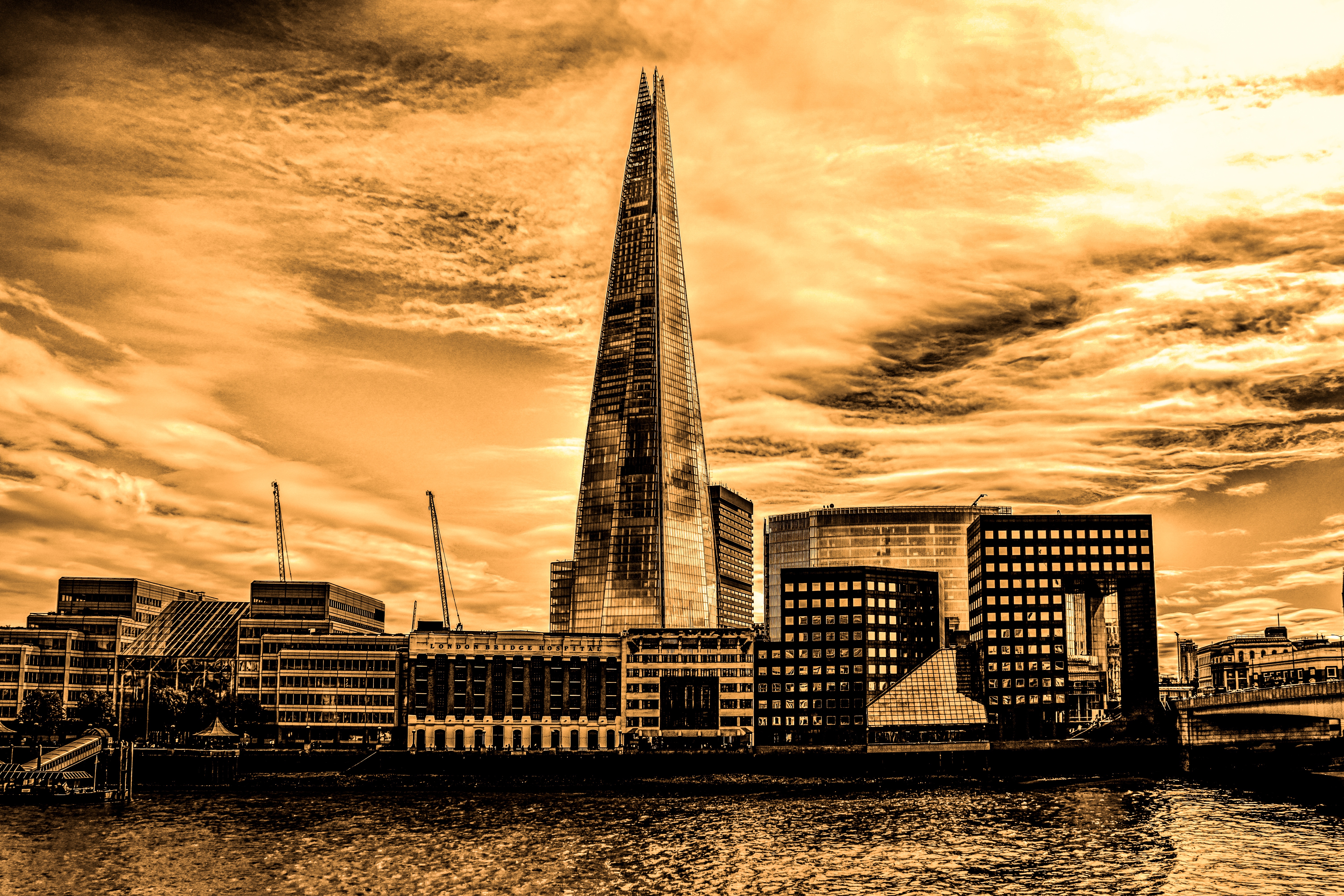 bridge, 5K, modern, spire, city, cloud - sky, exterior, tall, gray, people, body, east, england, building, kingdom, luxury, skyscraper, water, shard, business, HD Wallpaper