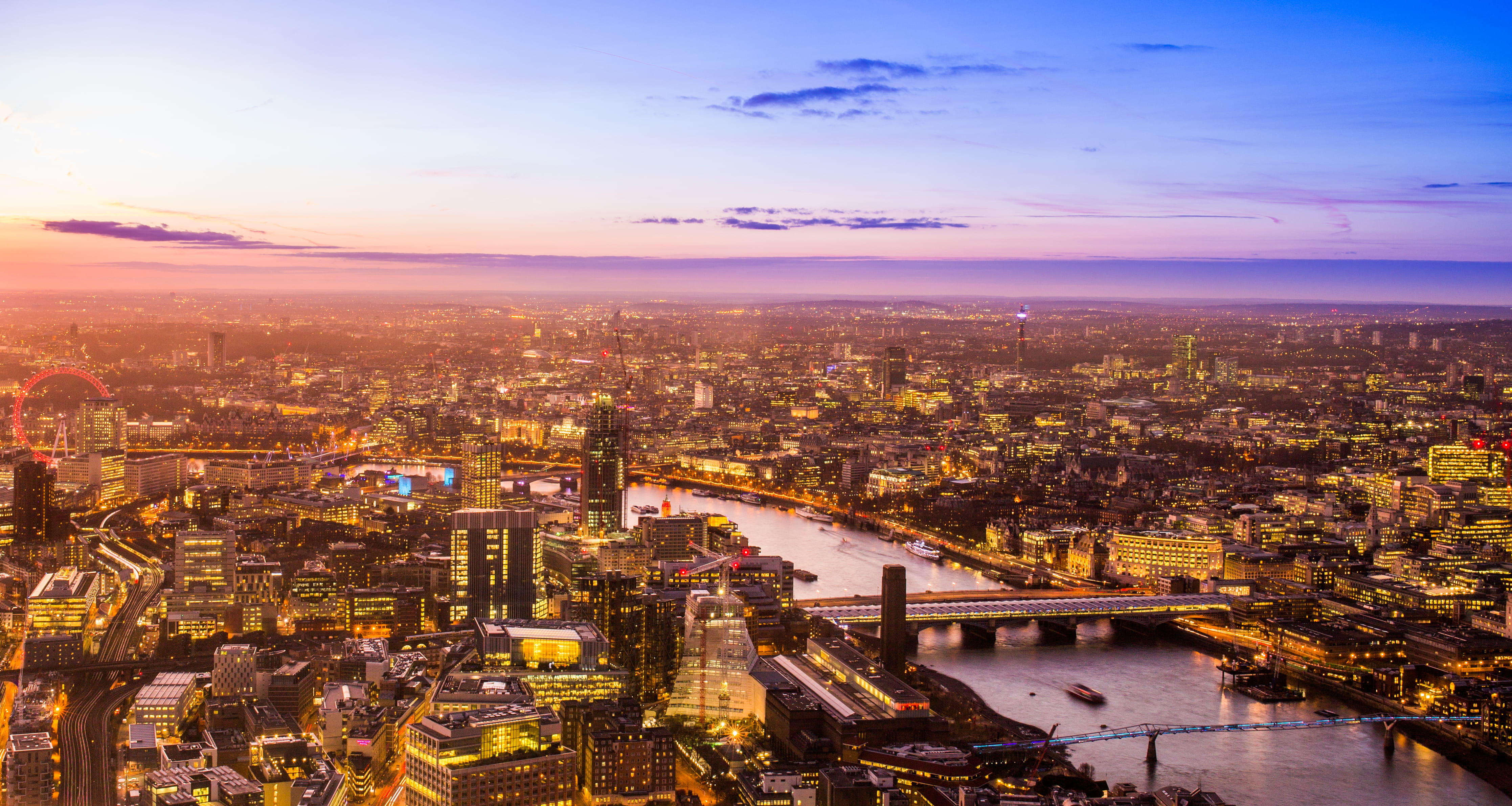 sunset, urban skyline, city, outdoors, london, millenium bridge, st paul, built structure, The Shard, time, travel destinations, connection, office building exterior, HD Wallpaper