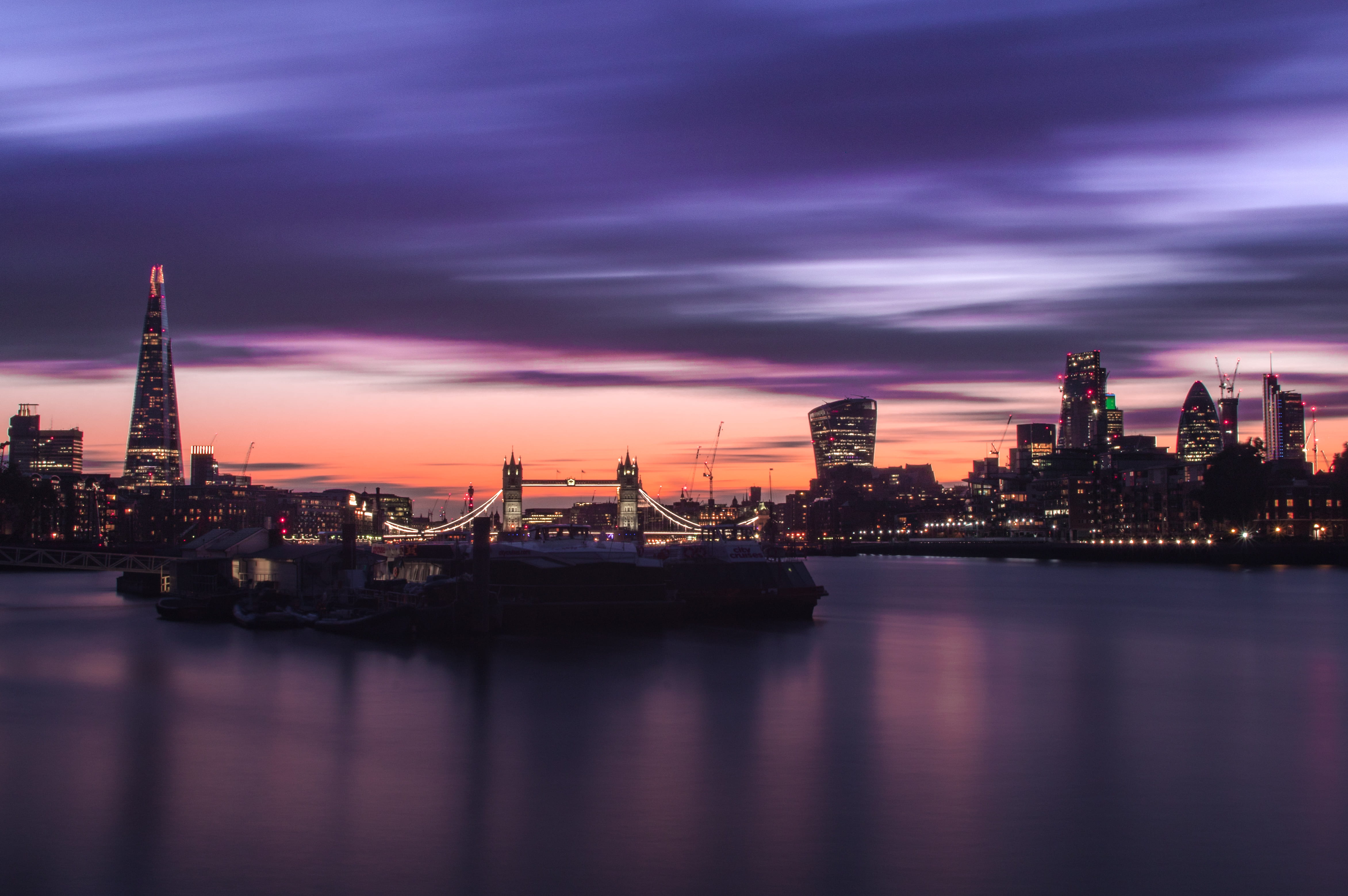 river, purple, no people, transportation, sunset, nautical vessel, london, shard, building, reflection, nature, architecture, urban, skyscraper, water, HD Wallpaper