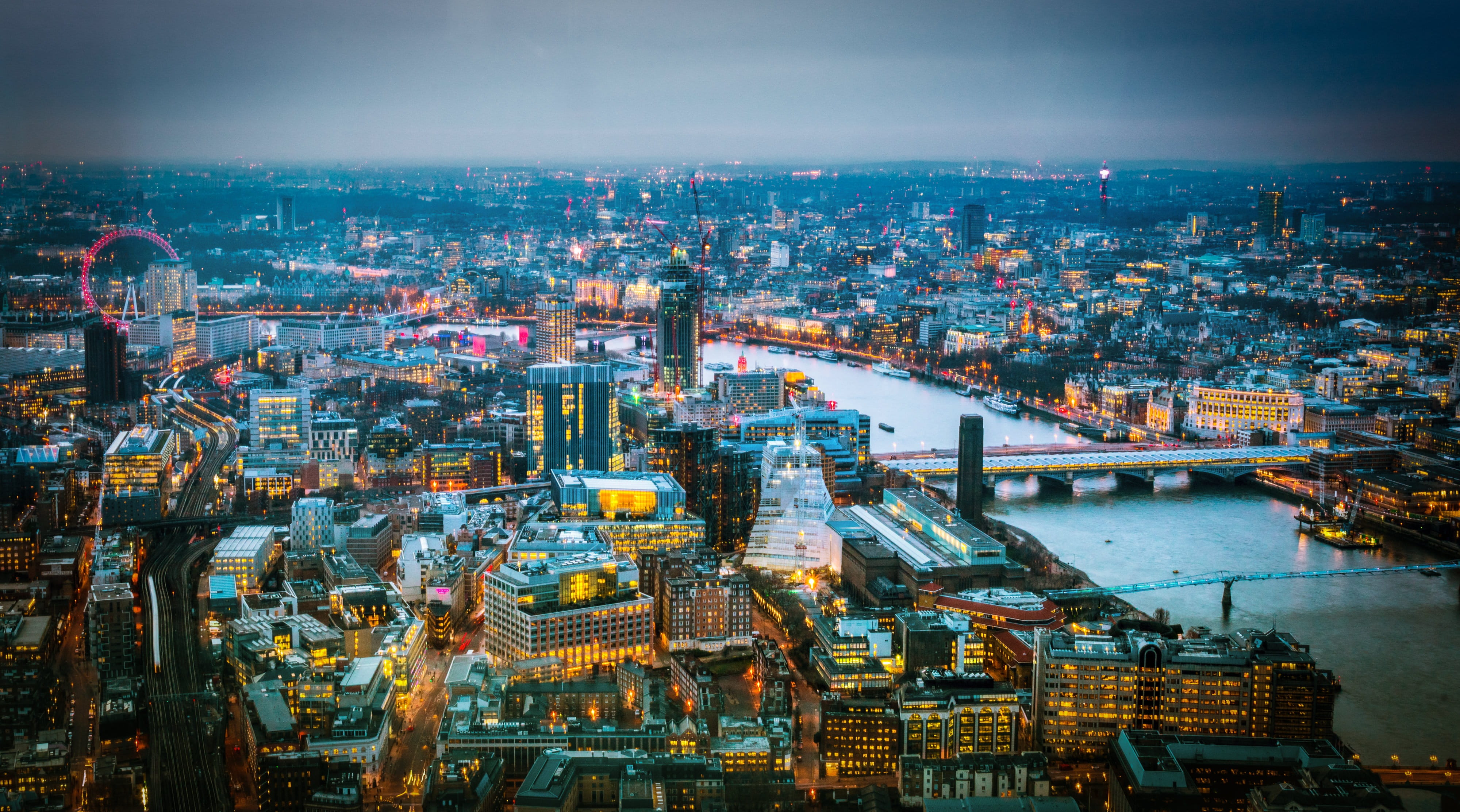 london eye, sky, thames, cityscape, bridge, kingdom, building, amusement park, photography, england, london, building exterior, skyscraper, cities, view from the shard, HD Wallpaper