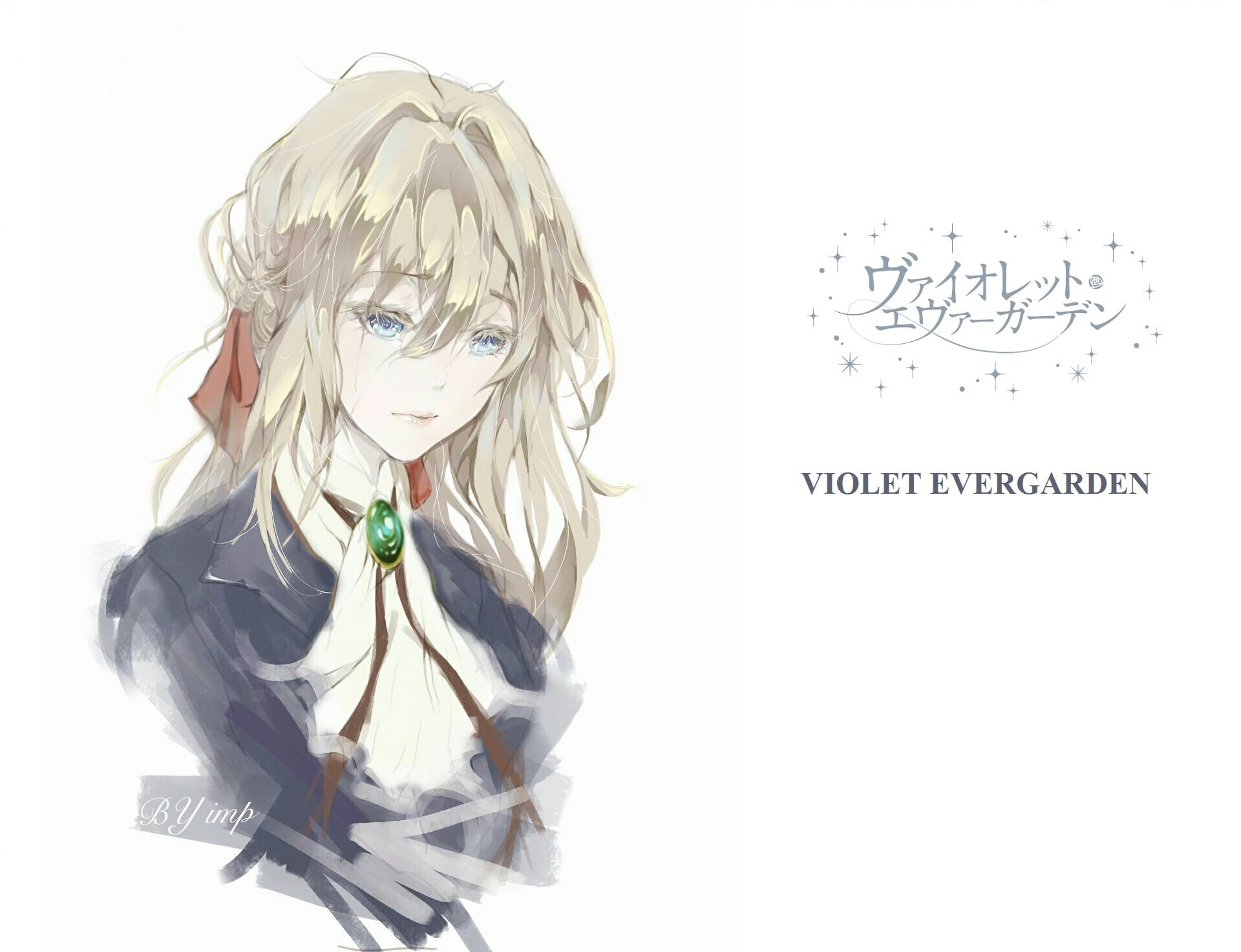 portrait of a girl, 1080P, sad, Violet Evergarden, face, brooch, blue eyes, Impimo, art, bow, bangs, pigtail, HD Wallpaper