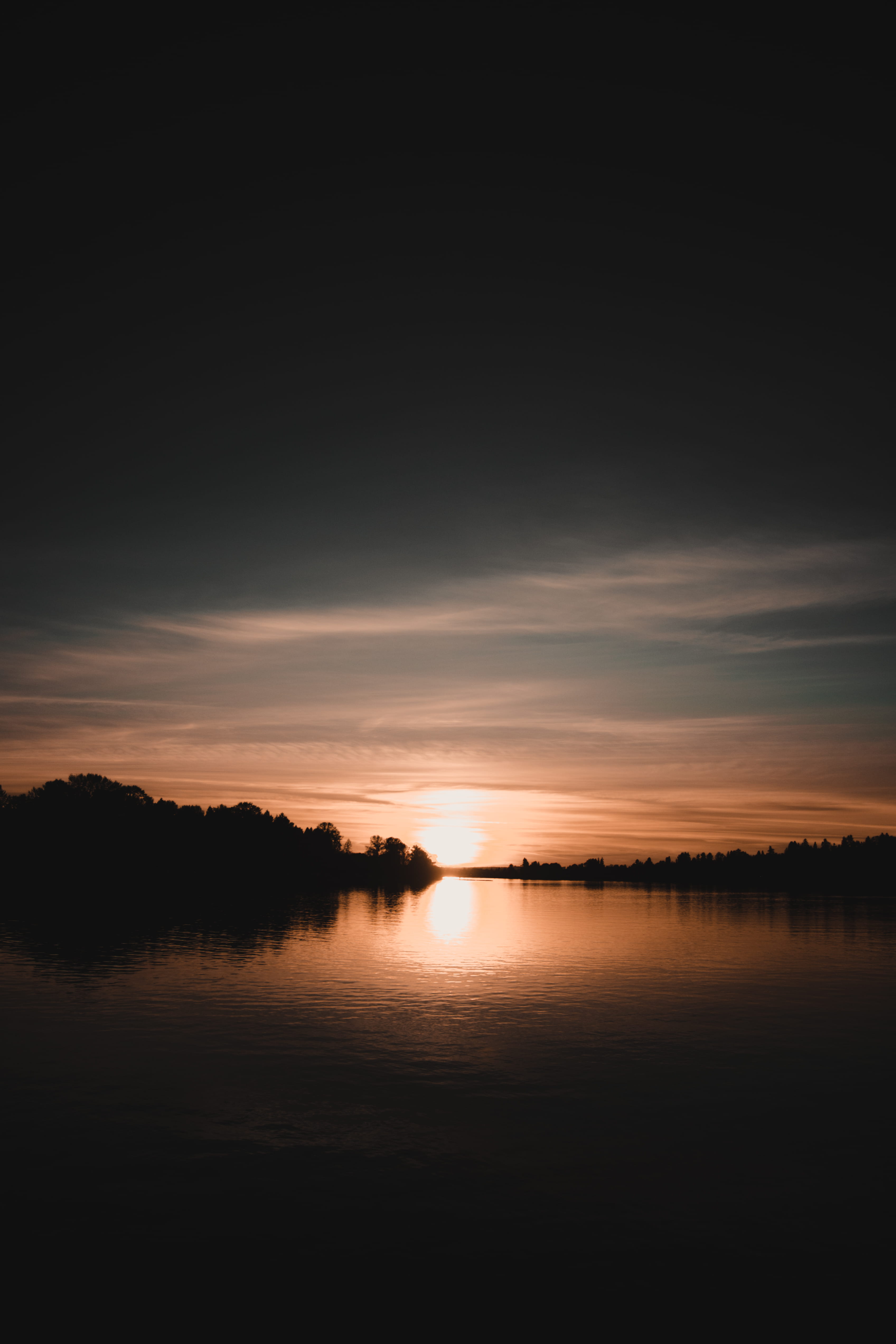 water, blue, teal, no people, copy space, orange color, orange, sun, forest, non-urban scene, nature, dark, idyllic, ocean, lake, trees, scenics - nature, Phone HD Wallpaper