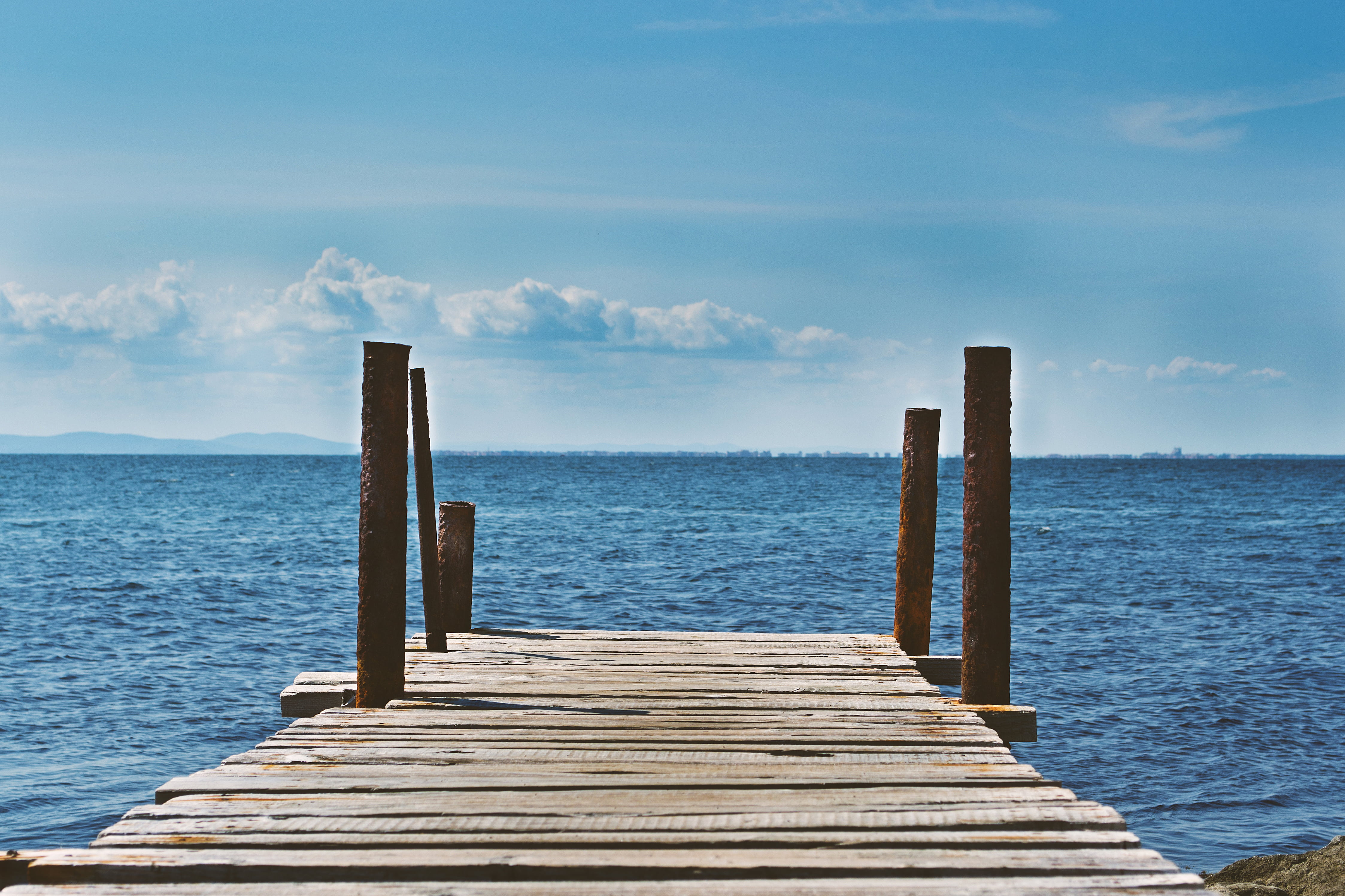 nature, summer, horizon over water, wooden post, tranquil scene, sunshine, blue, 4K, dock, wooden, ocean, clouds, beauty in nature, outdoors, long, daytime, HD Wallpaper