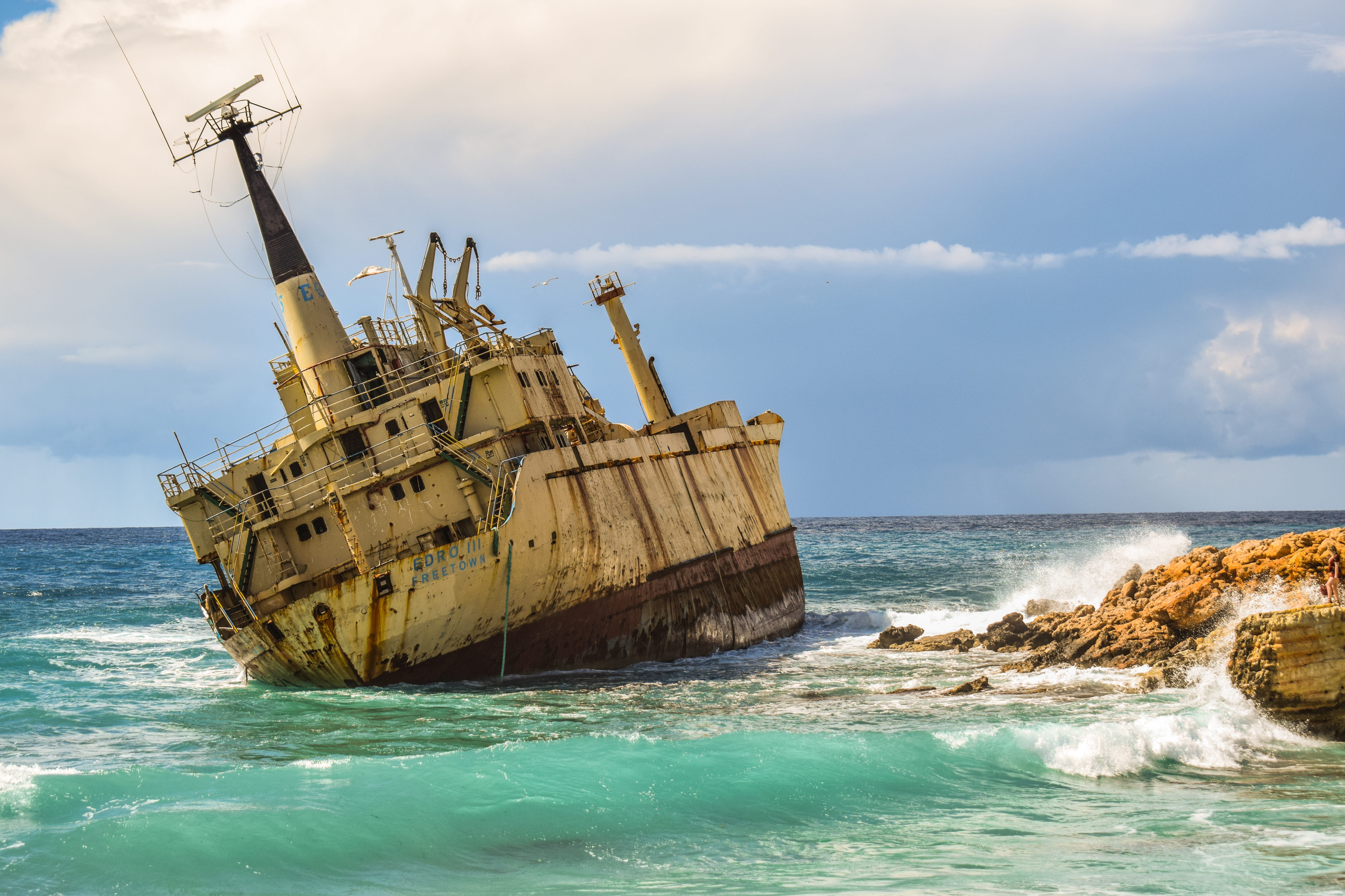 no people, breaking, edro iii shipwreck, run-down, sea, ruined, clouds, water, aged, mode of transportation, transportation, weathered, sinking, day, splash, HD Wallpaper
