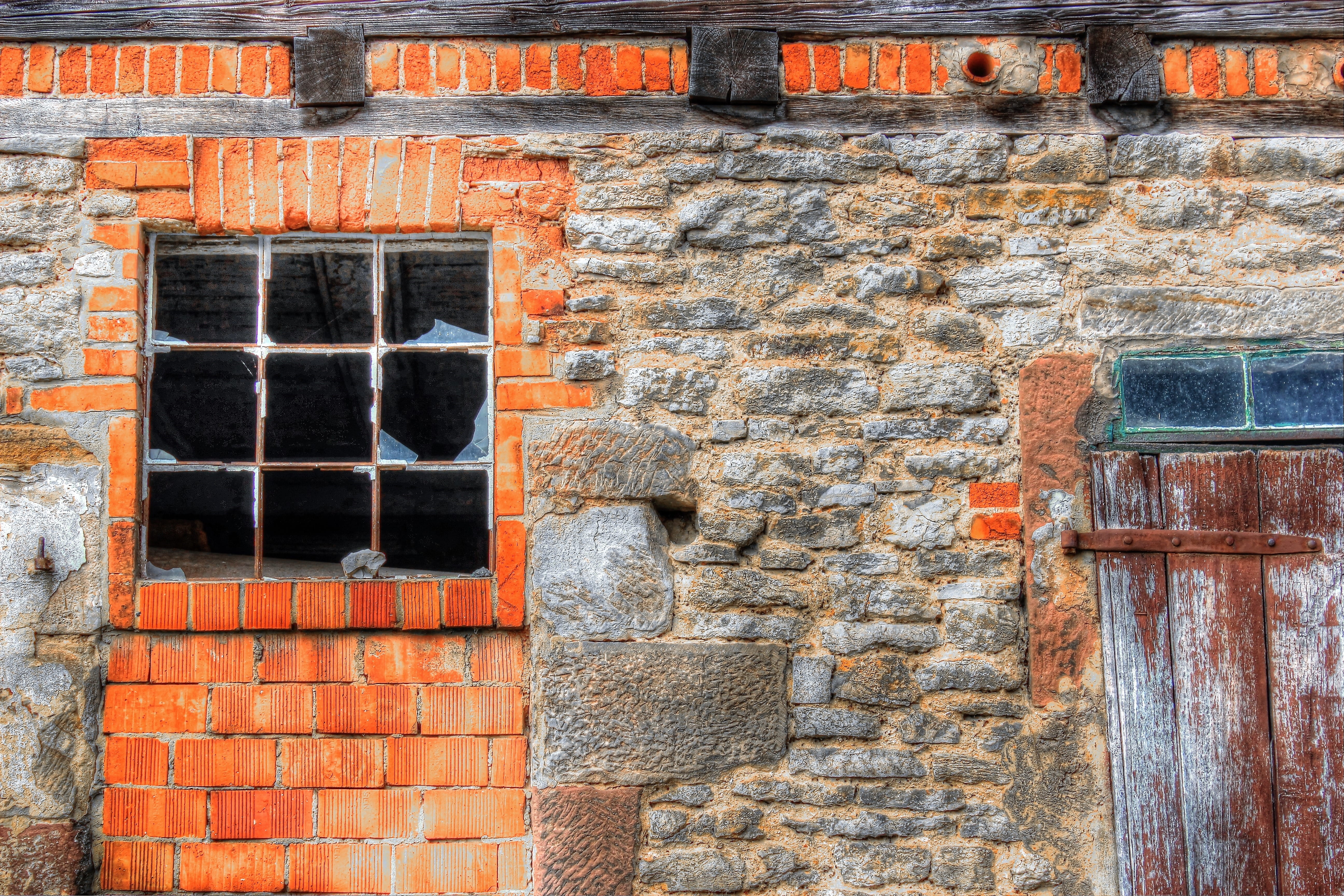 backgrounds, brick wall, architecture, glass, building, pattern, wall - building feature, old, orange color, wall, no people, weathered, stones, day, discs, HD Wallpaper