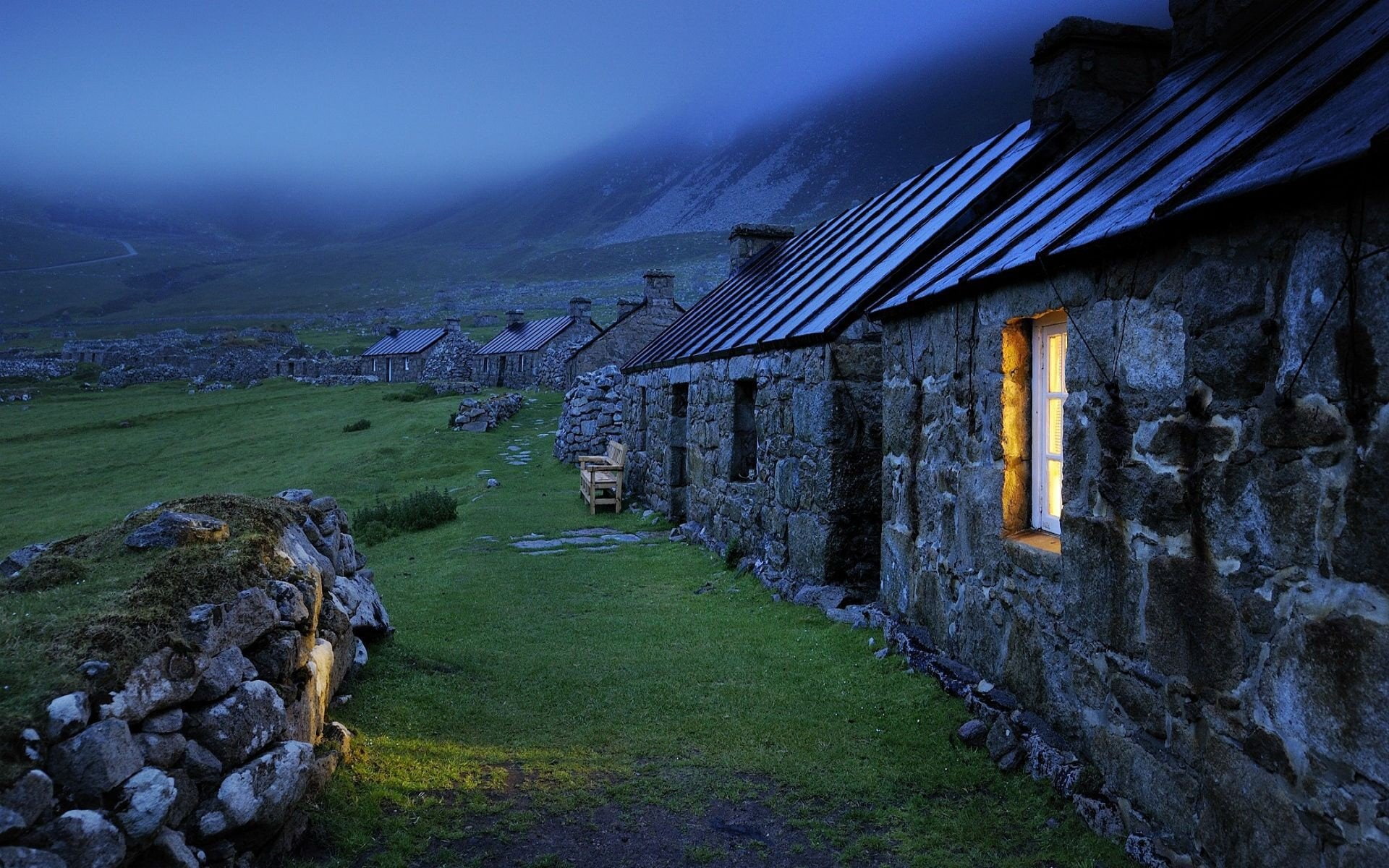 mist, stone, scotland, rocks, houses, 1080P, window, landscapes, panes, HD Wallpaper