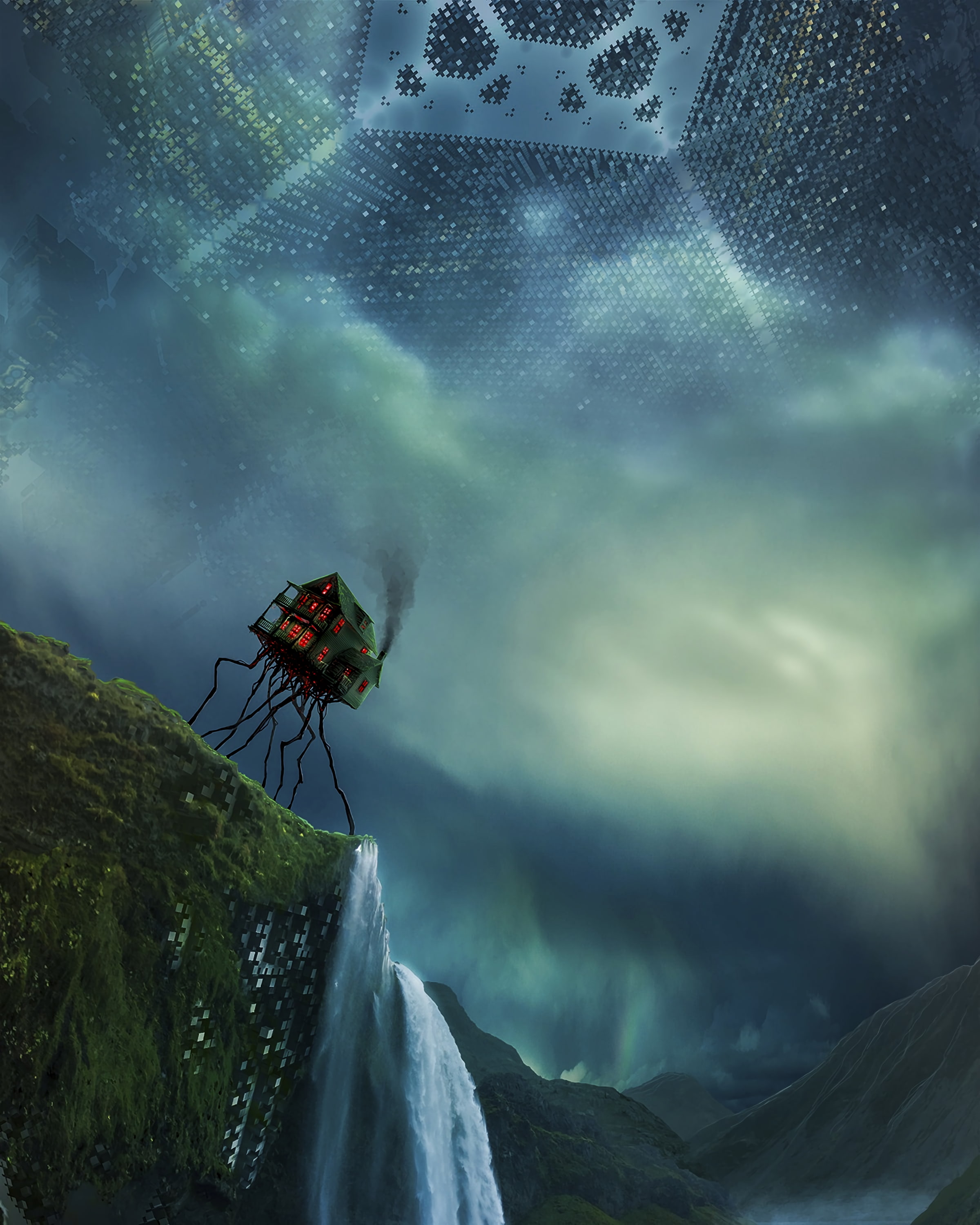 waterfall, pixels, breakage, 2K, house, Phone HD Wallpaper