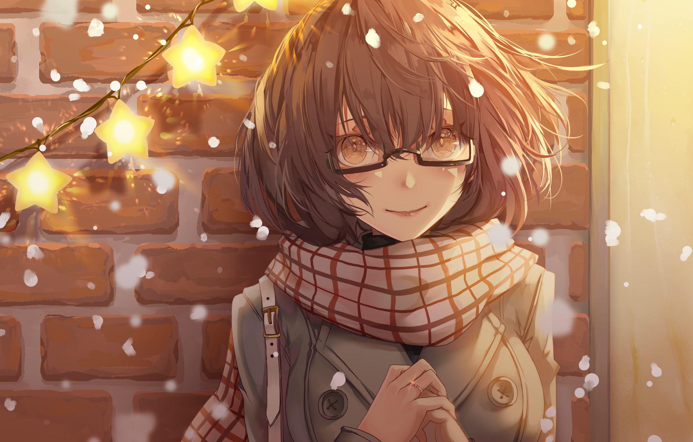 snowing, artwork, 2D, digital art, lights, anime, glasses, anime girls, illustration, women with glasses, original characters, wall, bricks, women, 1080P, HD Wallpaper
