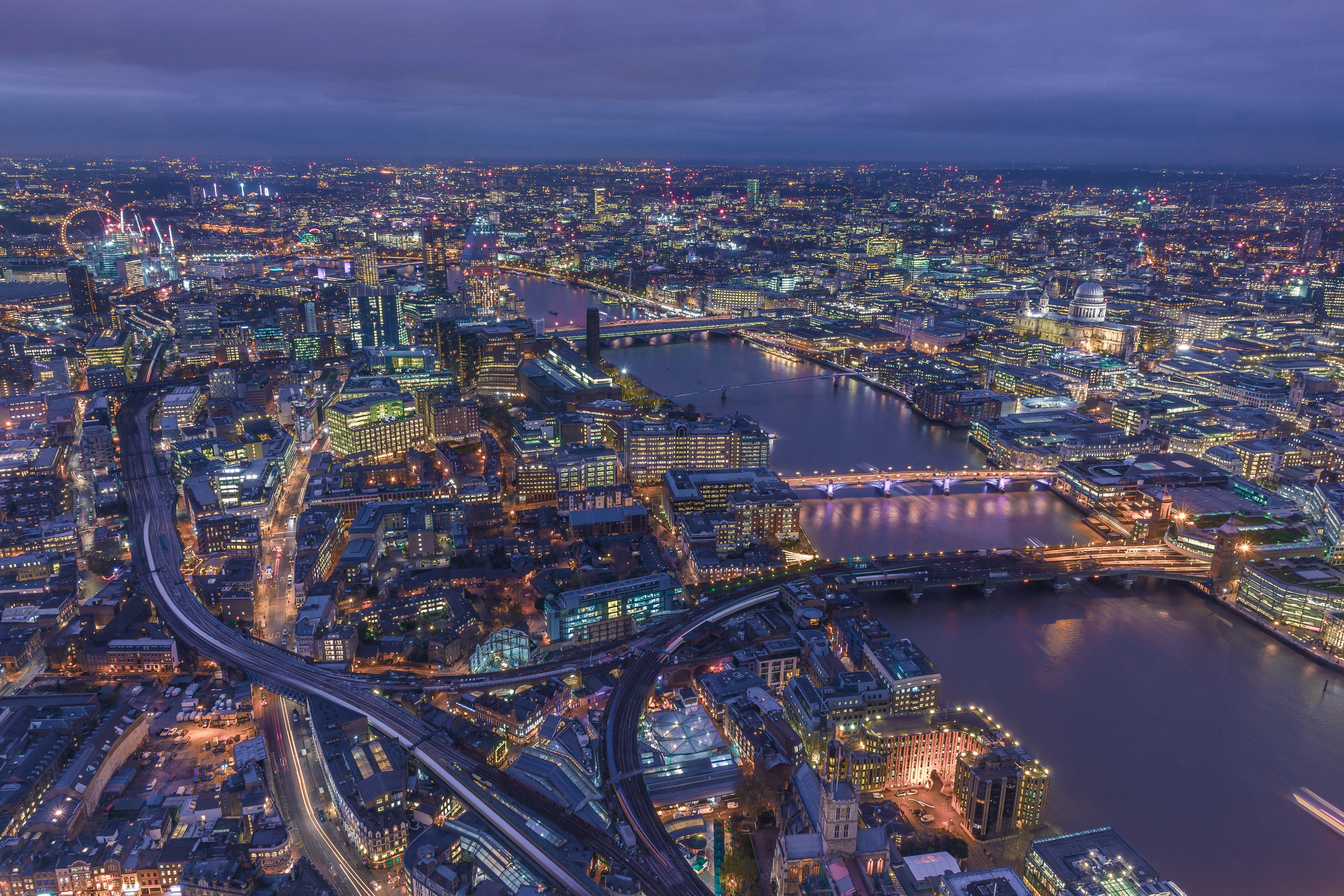 top view, 5K, architecture, japan, bridge - Man Made Structure, london, asia, downtown District, city, panoramic, built Structure, business, sunset, dusk, HD Wallpaper