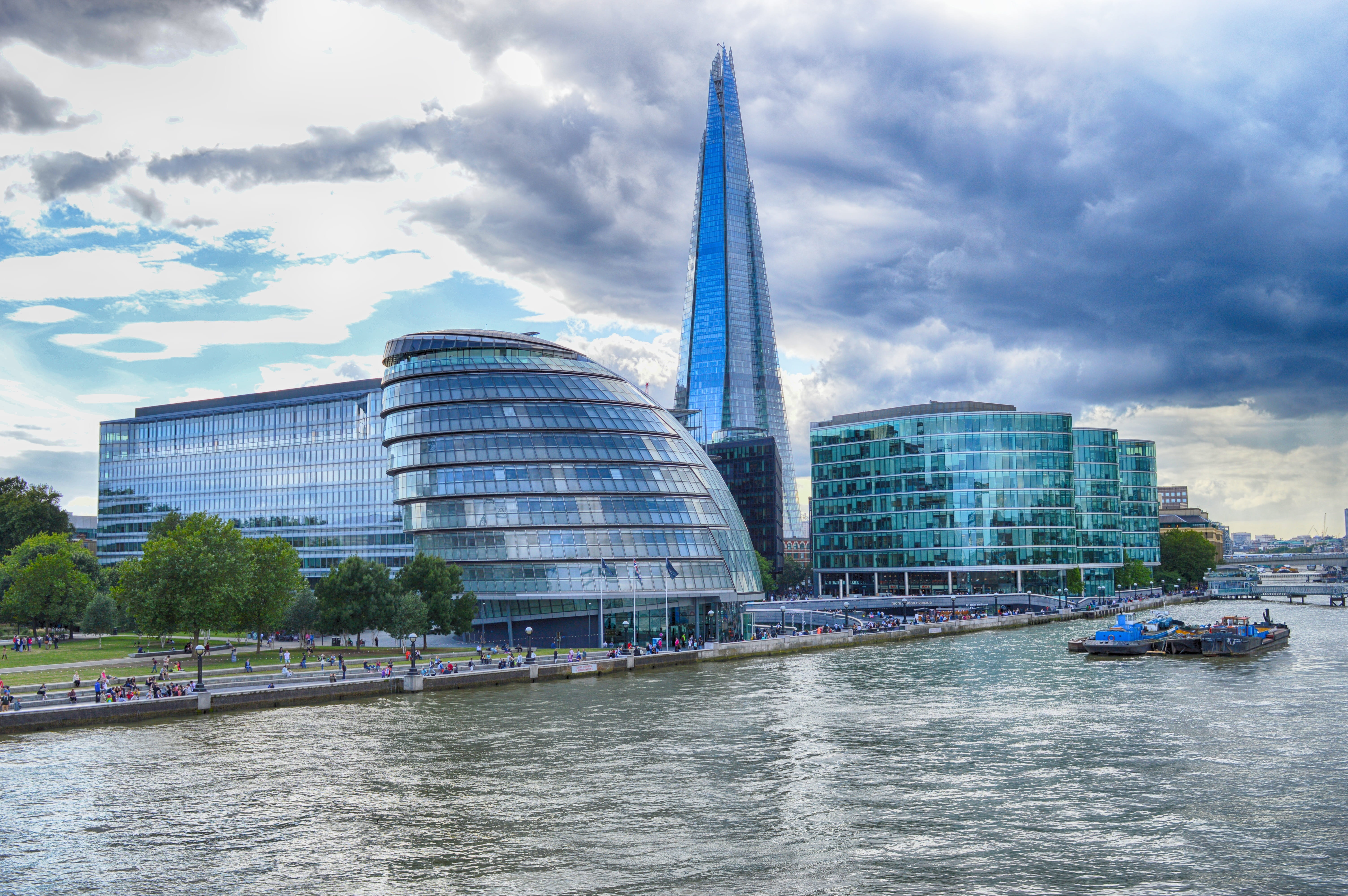water, city, outdoors, travel destinations, shard, nature, cloud - sky, nautical vessel, clouds, office, plan, thames, office building exterior, waterfront, HD Wallpaper