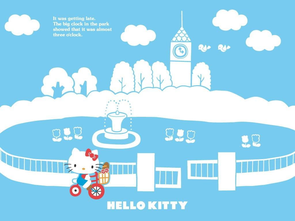 clock, hd, Blue, anime, bike, Clouds, hello, BIRDS, bow, kitty, art, 480P, HD Wallpaper